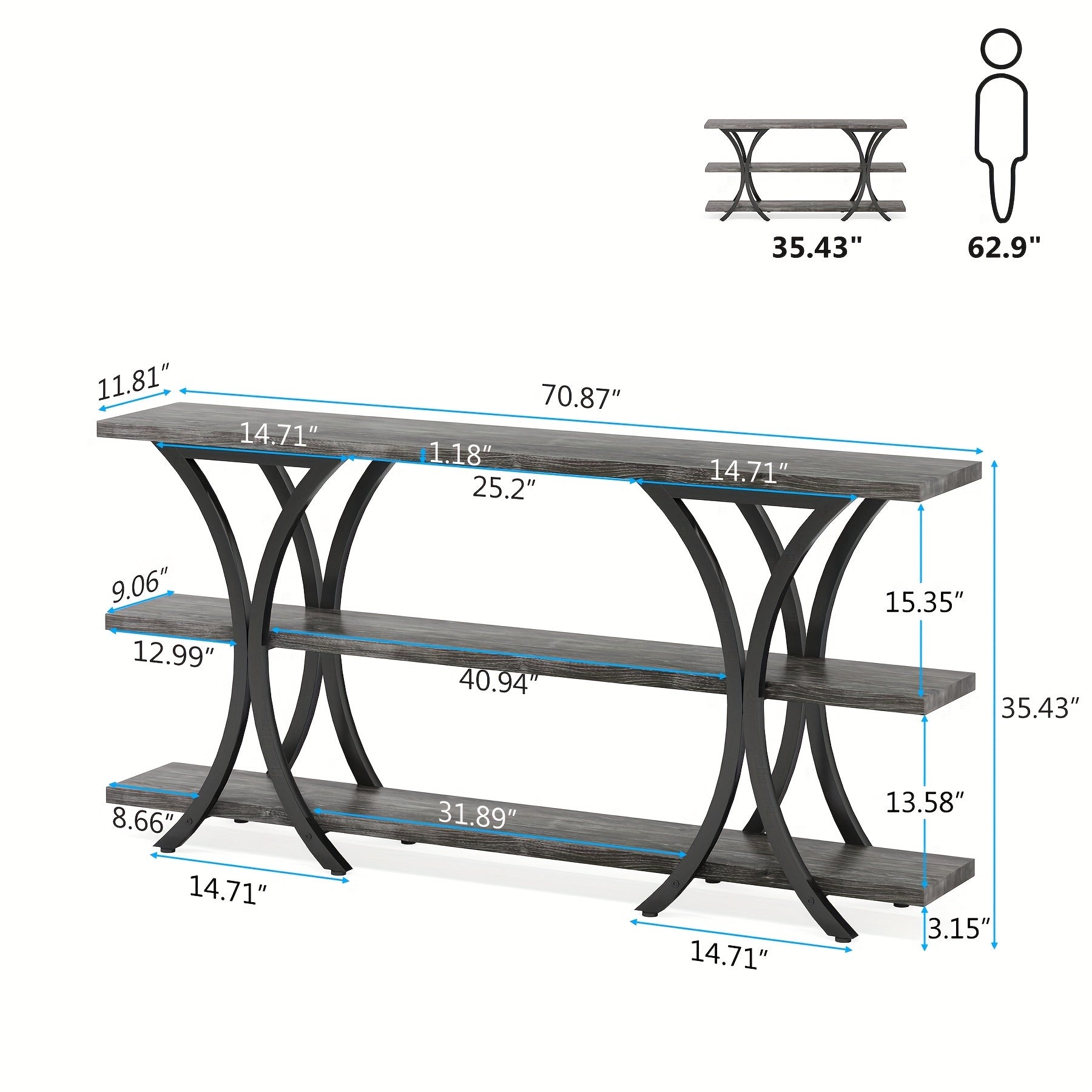 180 cm Narrow Console Table, Long Sofa Table Entry Table with 3 Tier Storage Shelves for Entryway Hallway Living Room