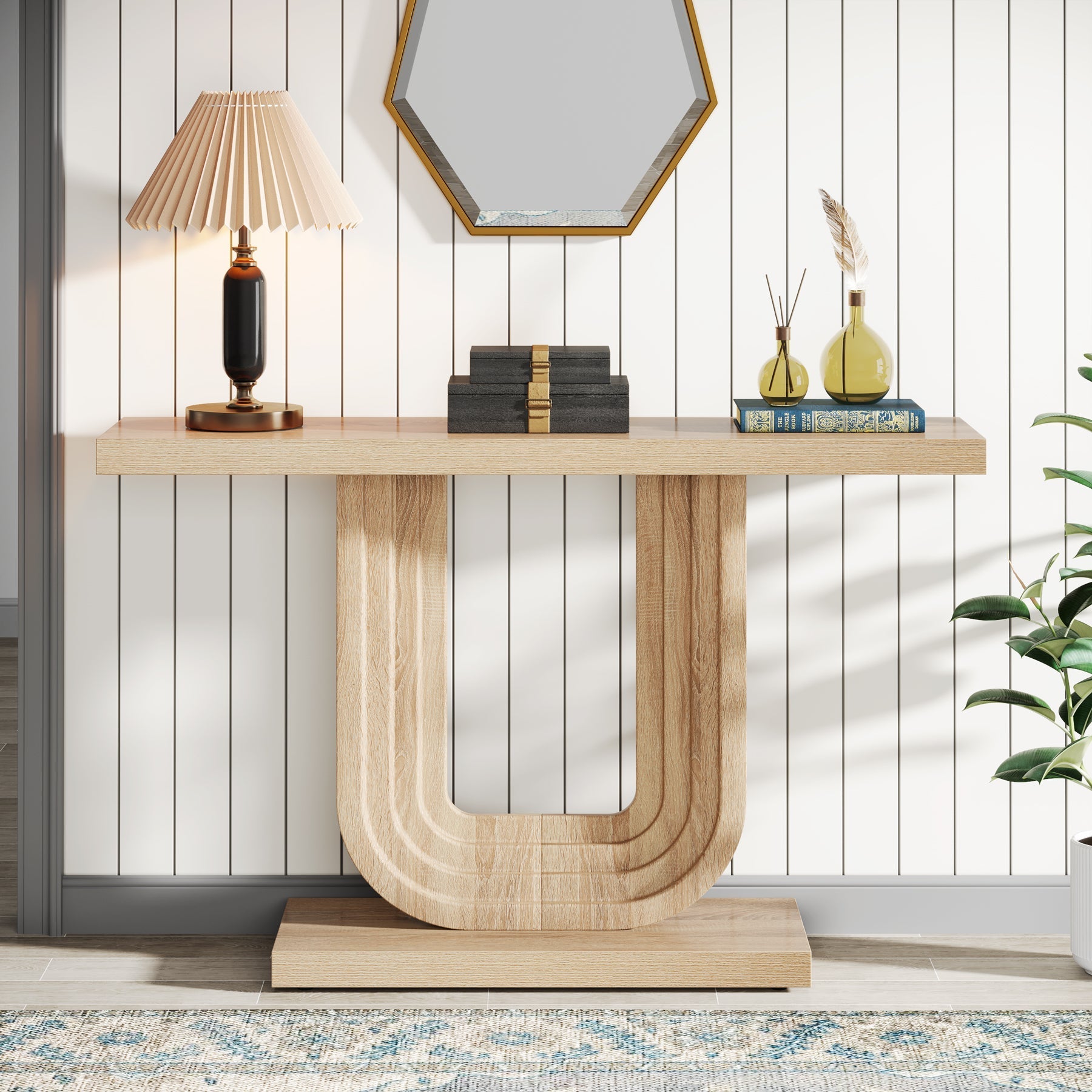 Farmhouse Console Table, 99 cm Wood Entryway Table with Geometric Base