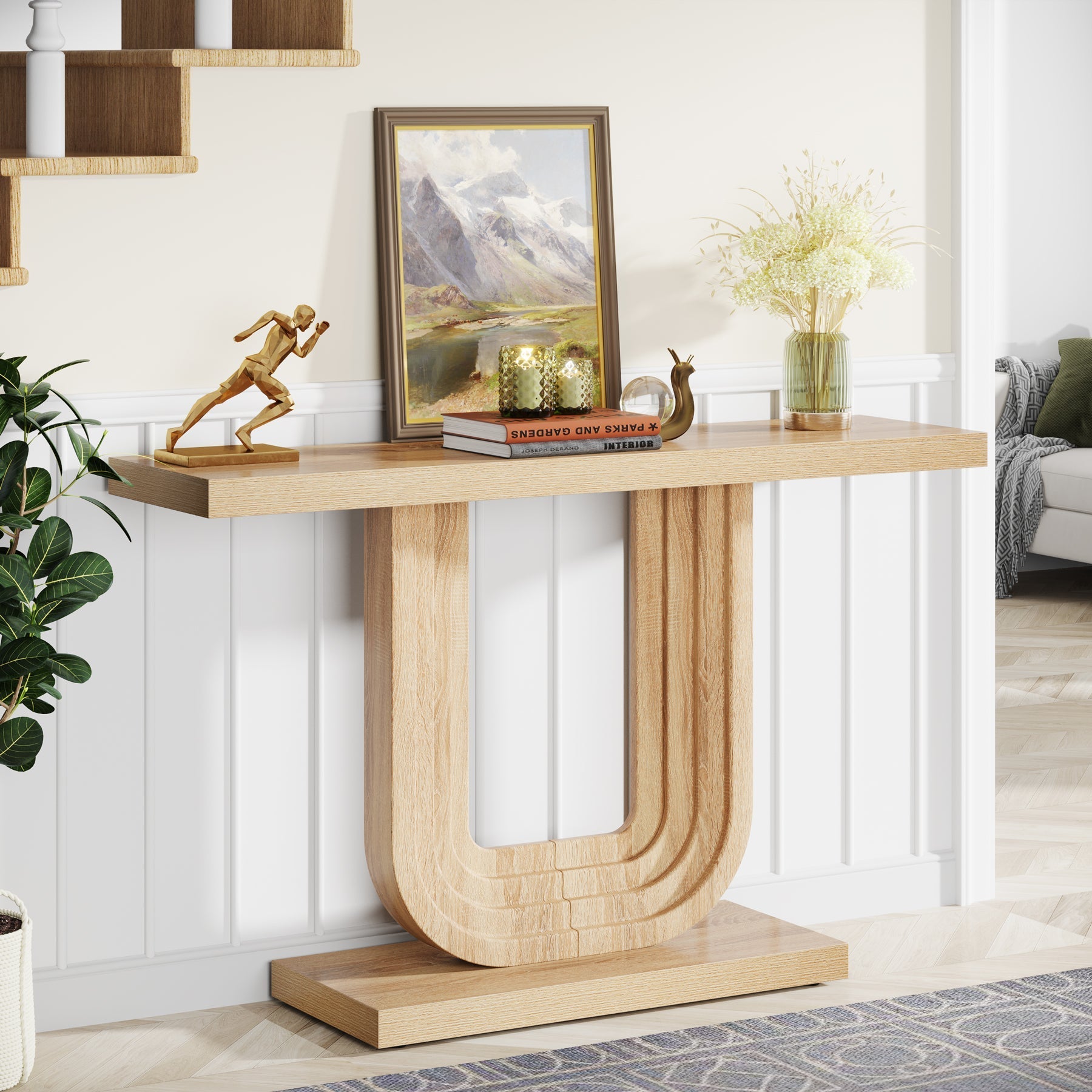 Farmhouse Console Table, 99 cm Wood Entryway Table with Geometric Base