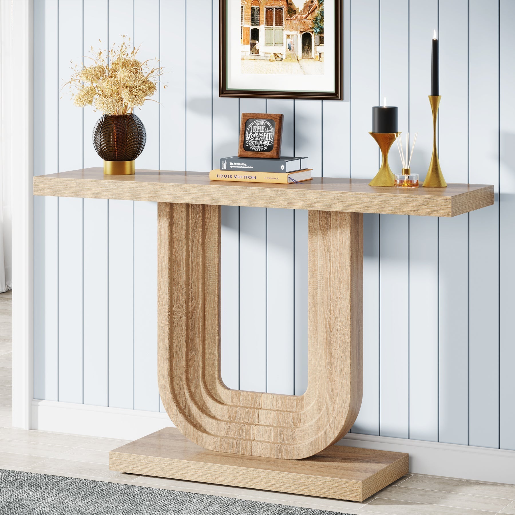 Farmhouse Console Table, 99 cm Wood Entryway Table with Geometric Base