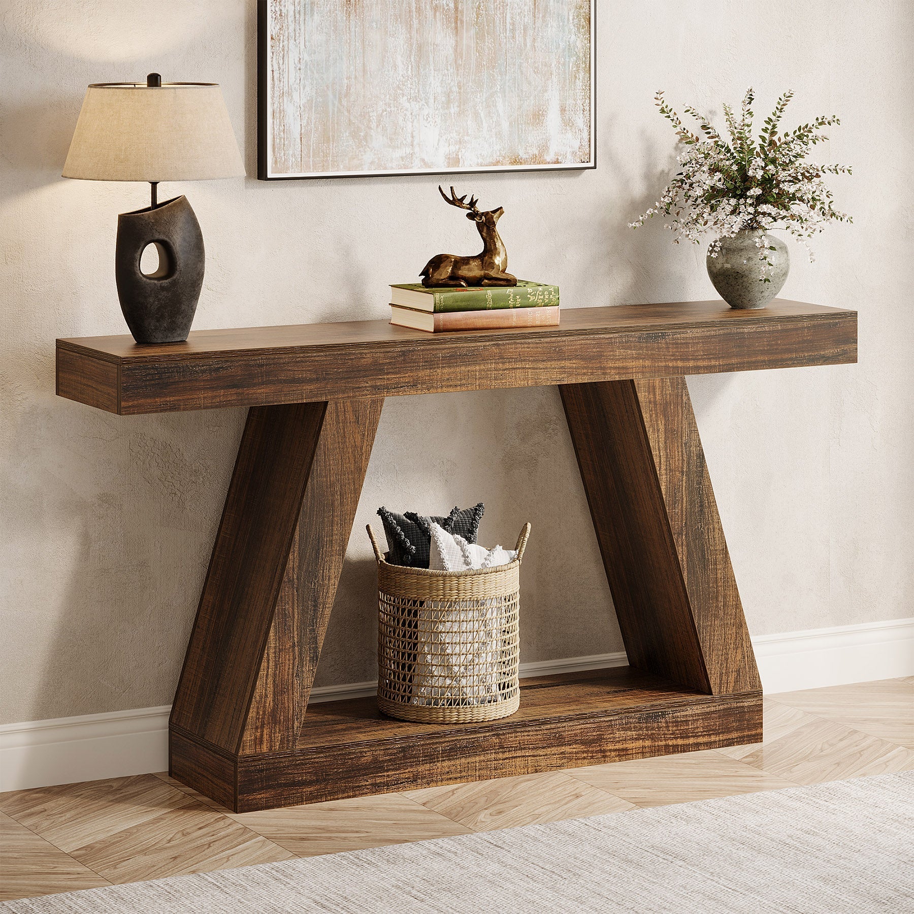 Farmhouse Console Table, 140 cm Sofa Table with Storage