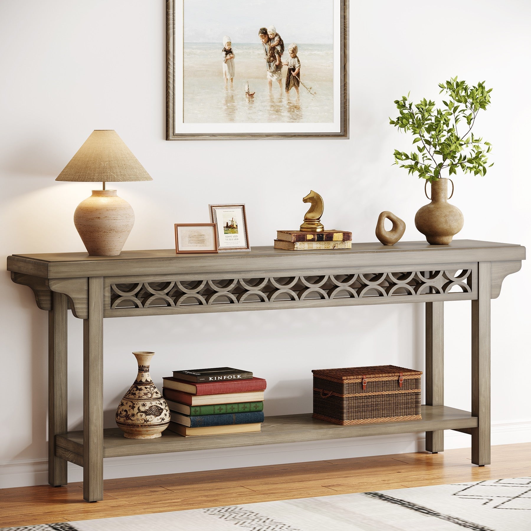 Farmhouse Console Table, 180 cm Narrow Wood Sofa Table with Storage