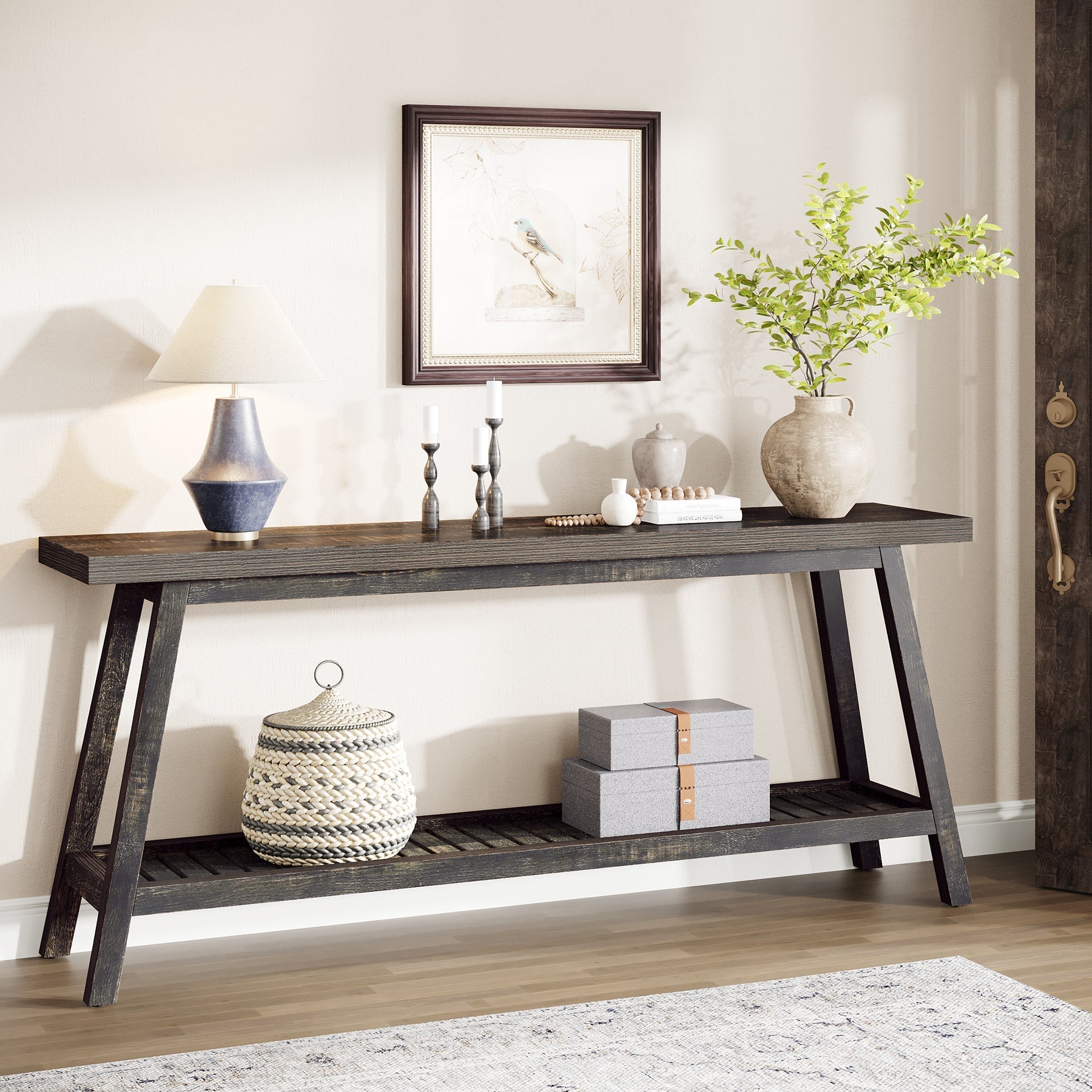 Farmhouse Console Table, 180 cm Entryway Table 2-Tier Sofa Table