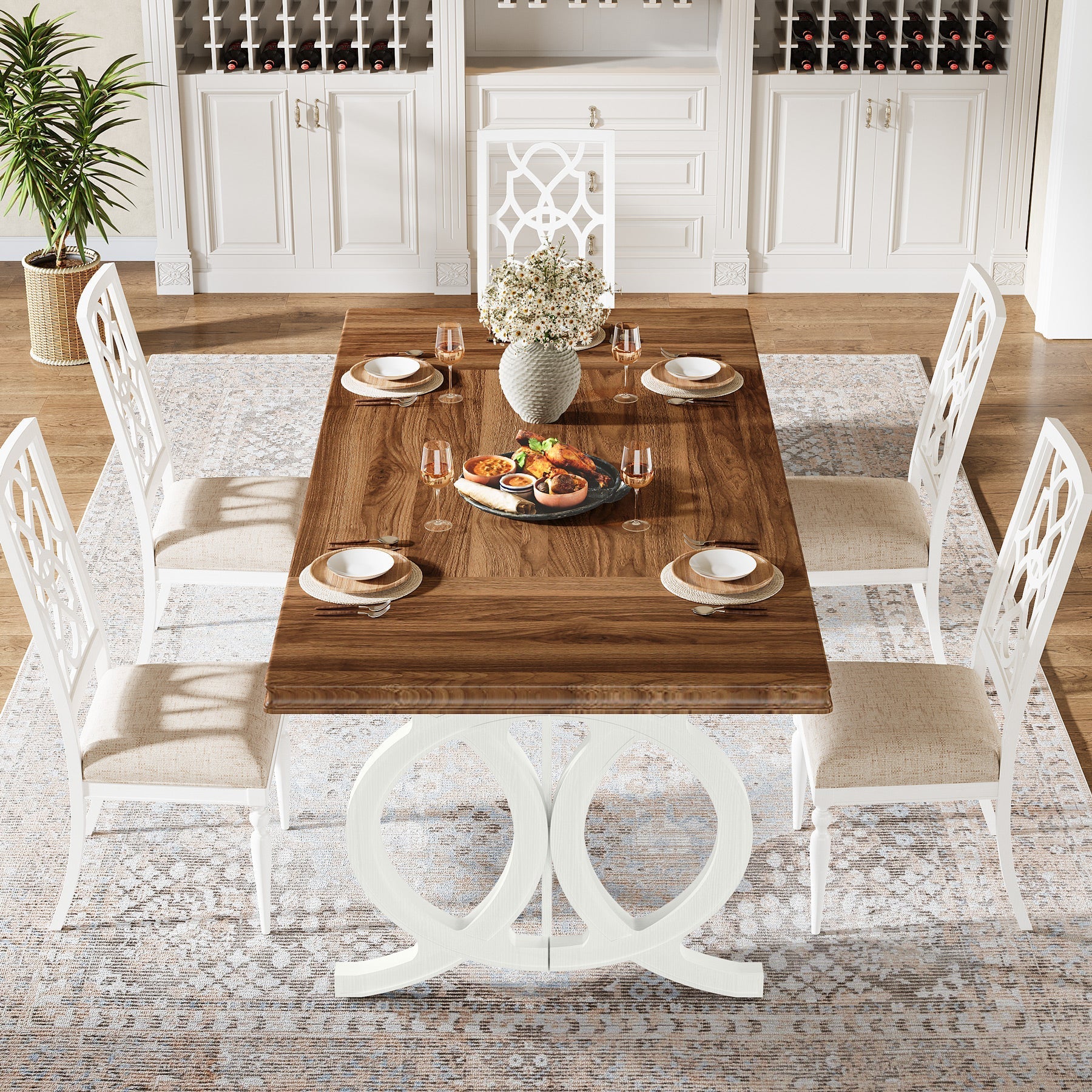 Farmhouse Dining Table, 180 cm Wood Kitchen Table for 6 People