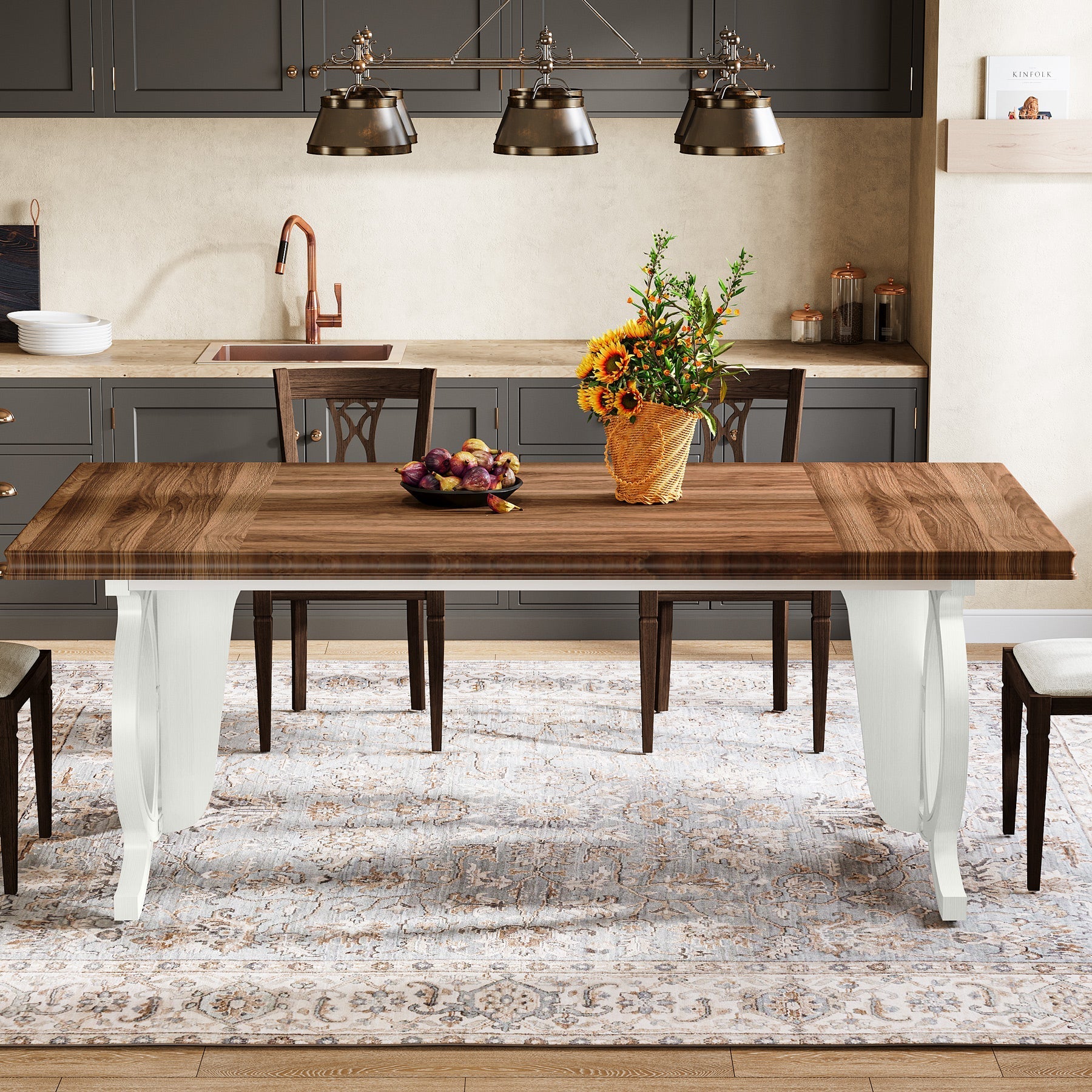 Farmhouse Dining Table, 180 cm Wood Kitchen Table for 6 People