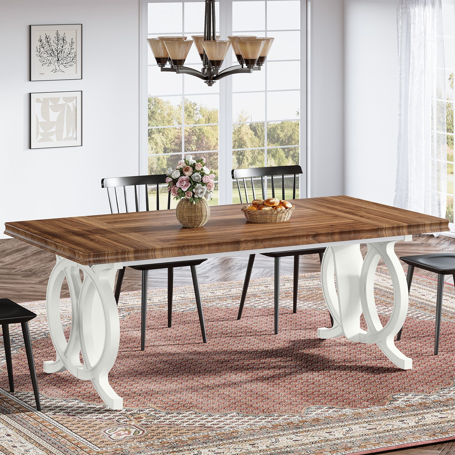 Farmhouse Dining Table, 180 cm Wood Kitchen Table for 6 People