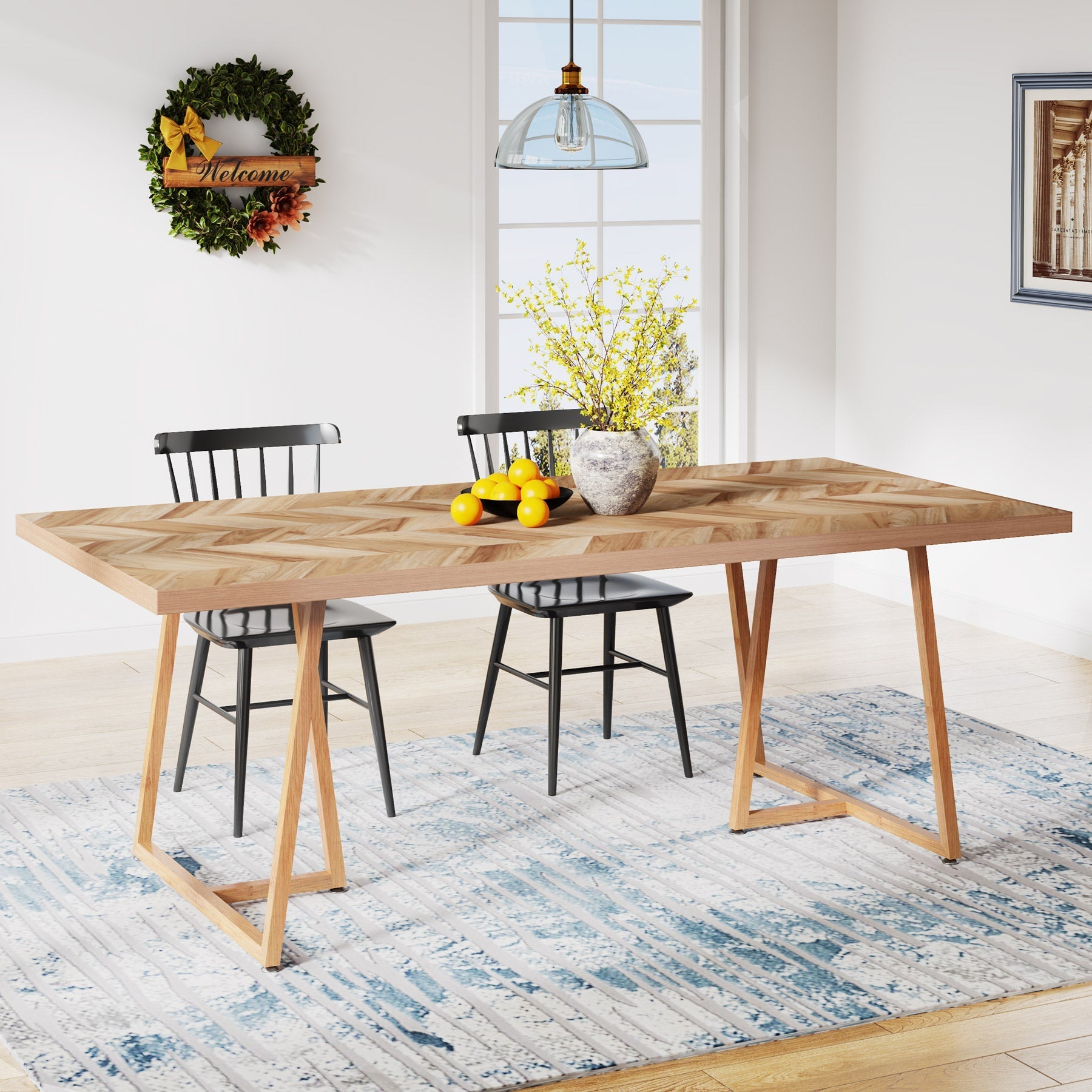 Farmhouse Dining Table for 6 to 8, 180 cm Rectangular Wood Kitchen Table