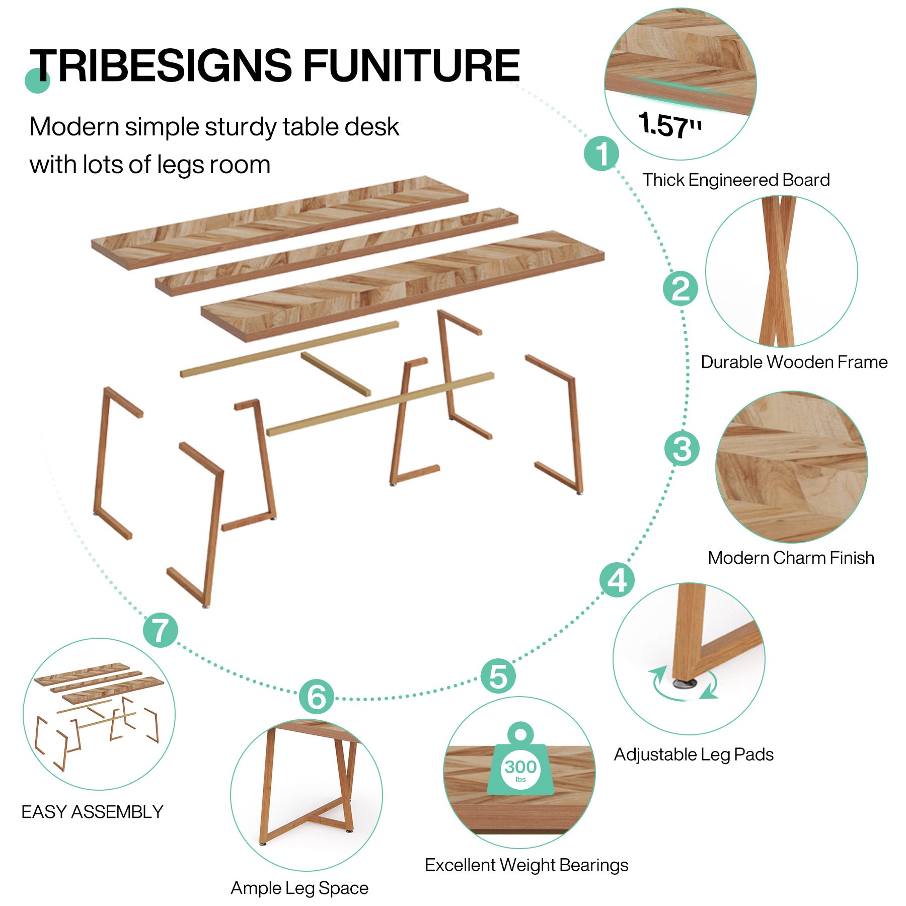 Farmhouse Dining Table for 6 to 8, 180 cm Rectangular Wood Kitchen Table