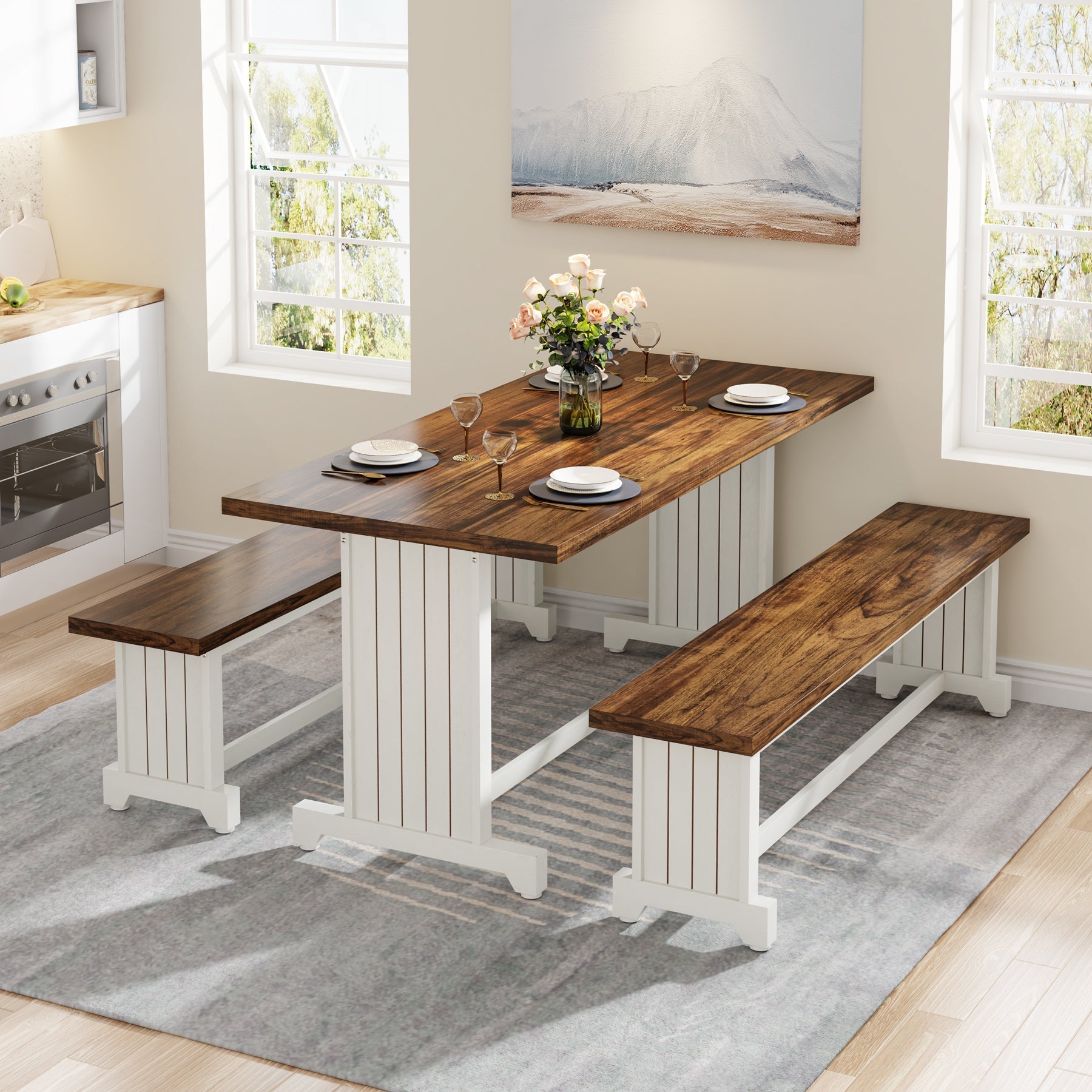 Farmhouse Dining Table Set, 120 cm Kitchen Table with 2 Benches