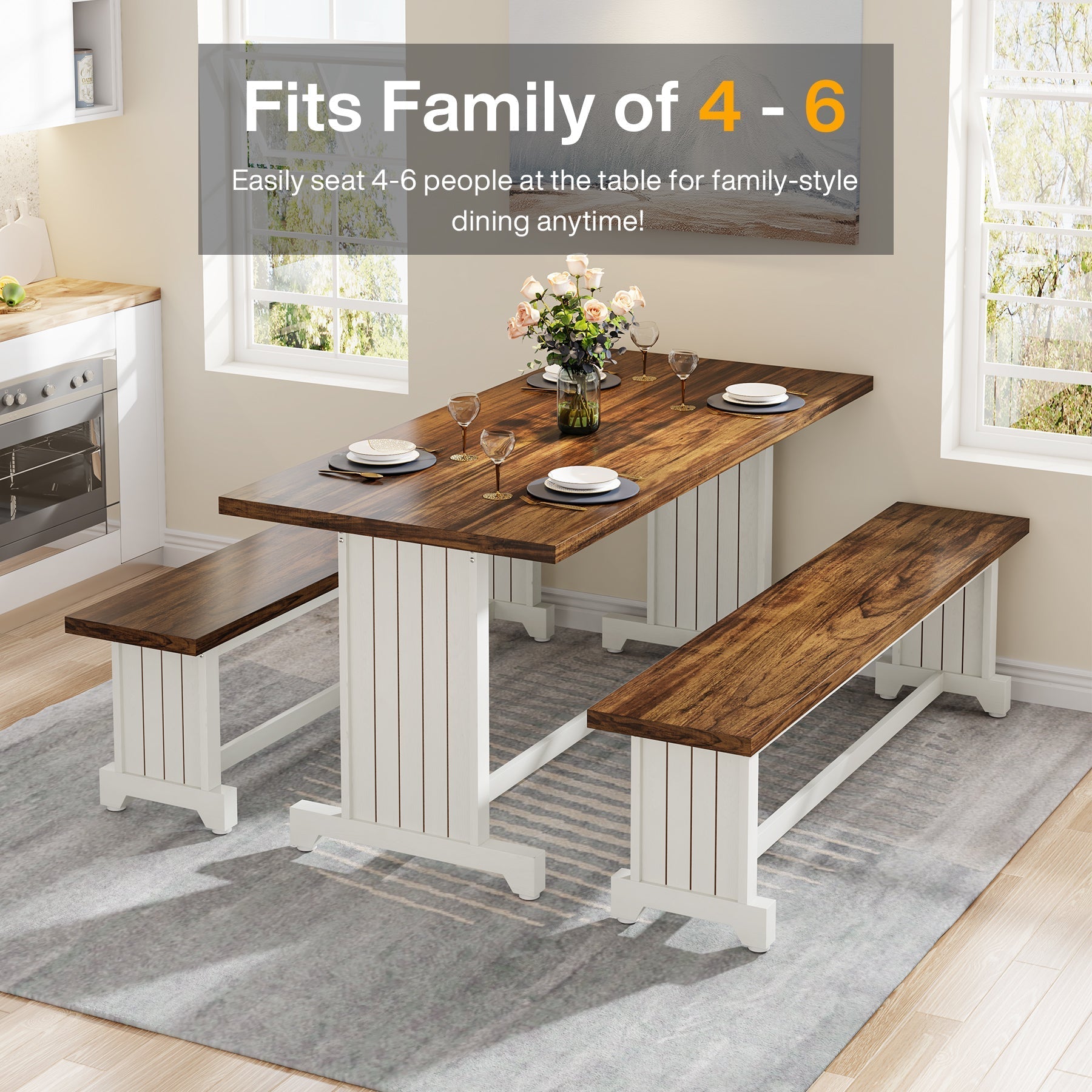 Farmhouse Dining Table Set, 120 cm Kitchen Table with 2 Benches