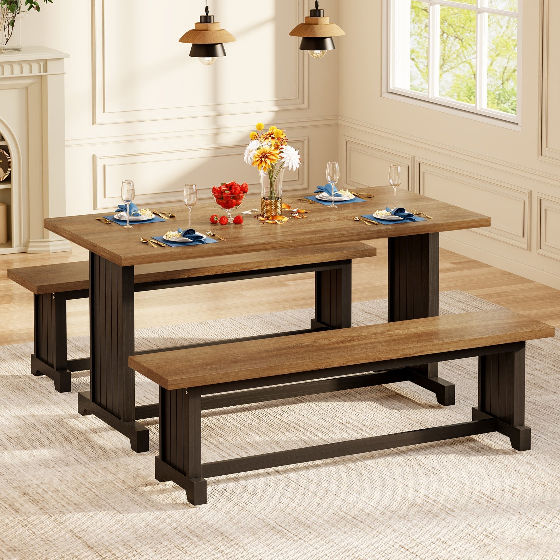 Farmhouse Dining Table Set, 120 cm Kitchen Table with 2 Benches