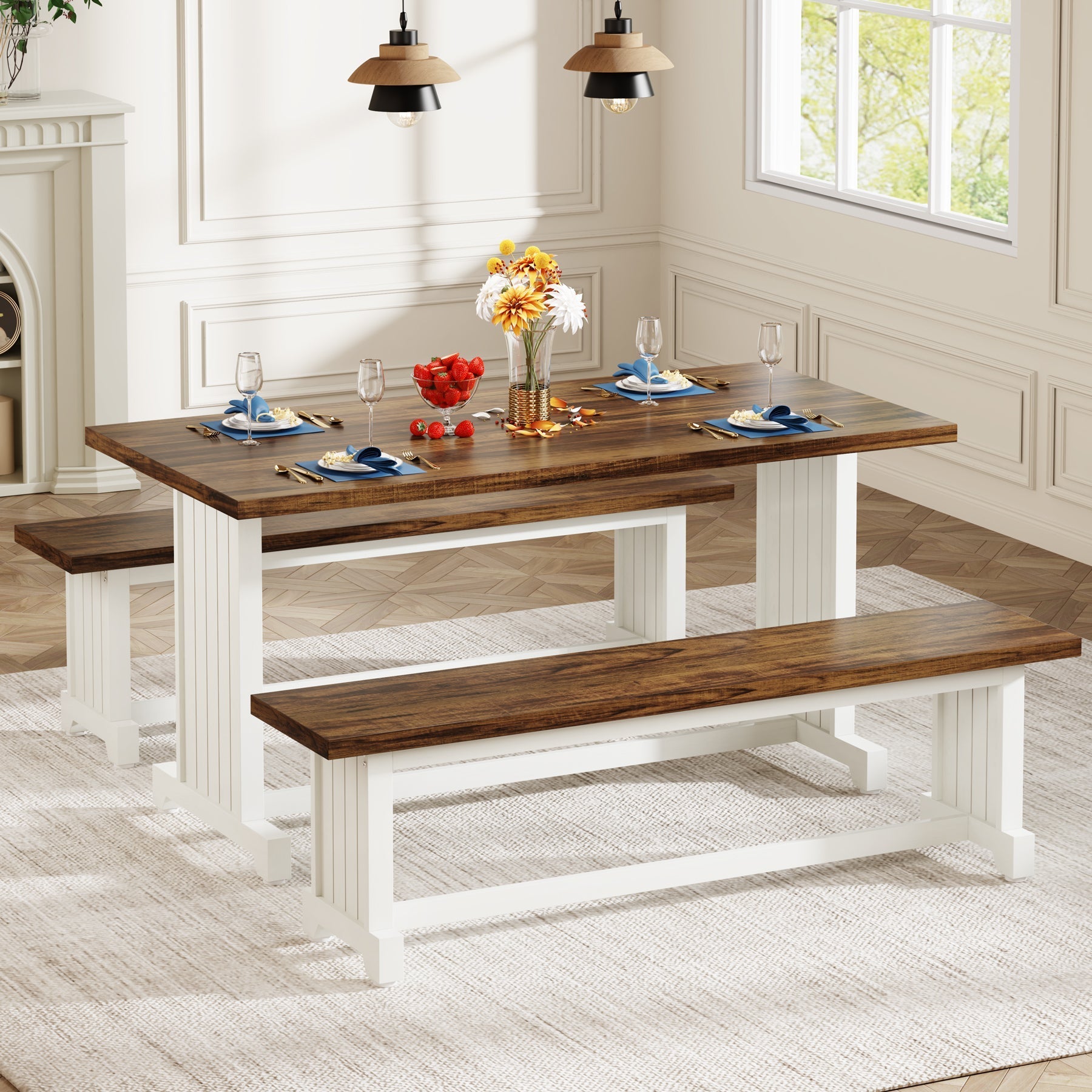 Farmhouse Dining Table Set, 120 cm Kitchen Table with 2 Benches