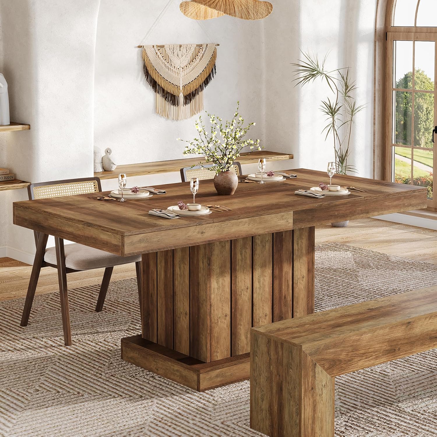 Farmhouse Wooden Kitchen Table, 160 cm Pedestal Dining Table for 4