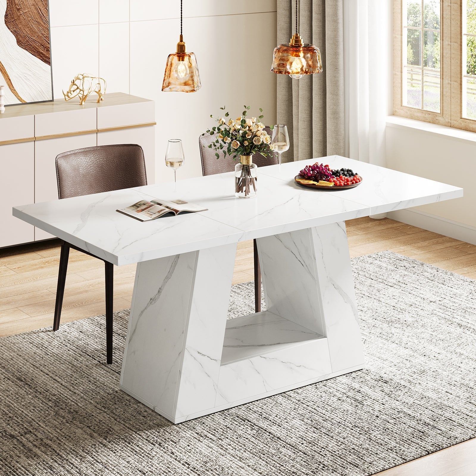 Faux Marble Dining Table, 160 cm Kitchen Table for 4 to 6 People