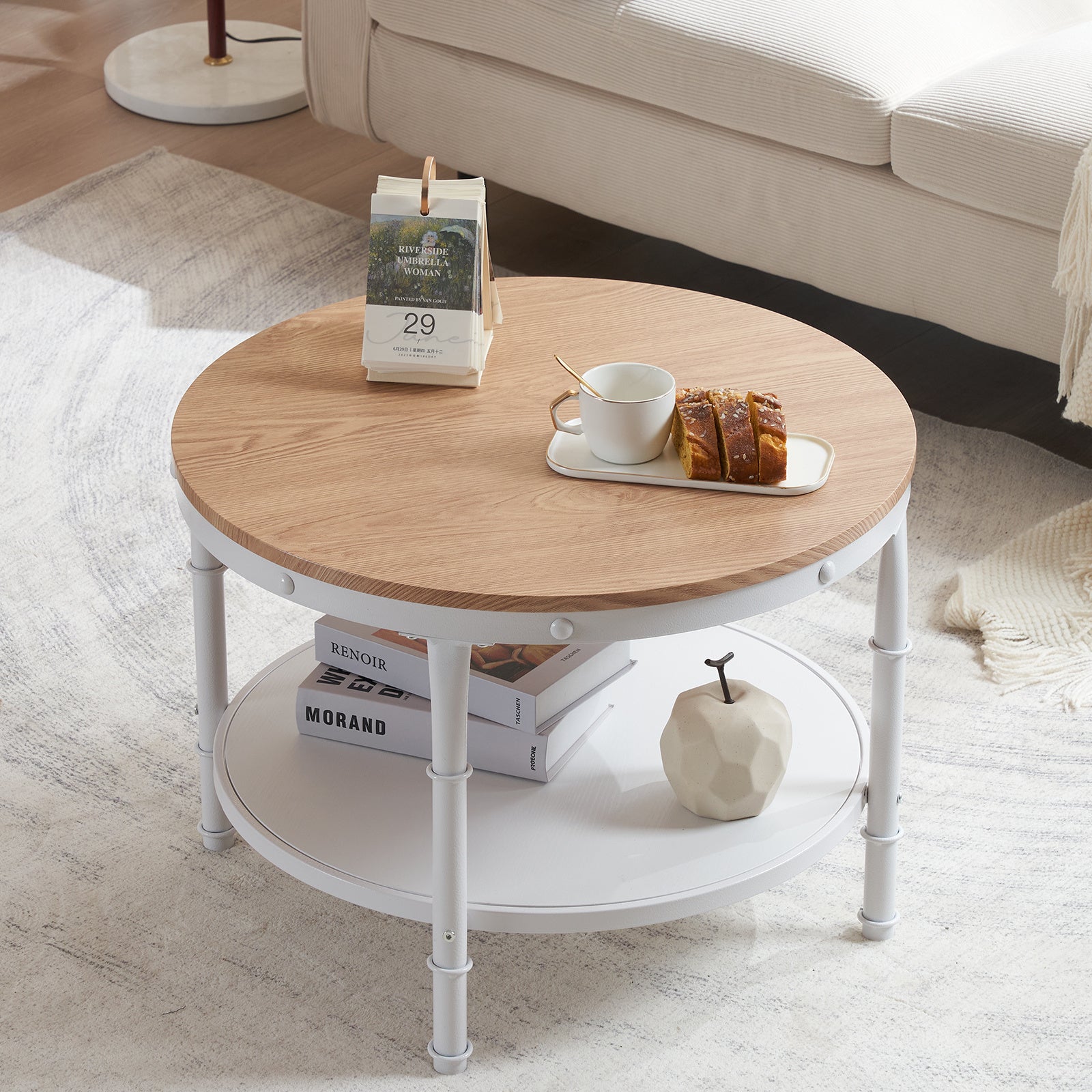 63cm Round Coffee Table, 2-Tier Storage Wood Center Circle Accent Table for Living Room, Bedroom, Apartment and Small Spaces, Sturdy Metal Frame