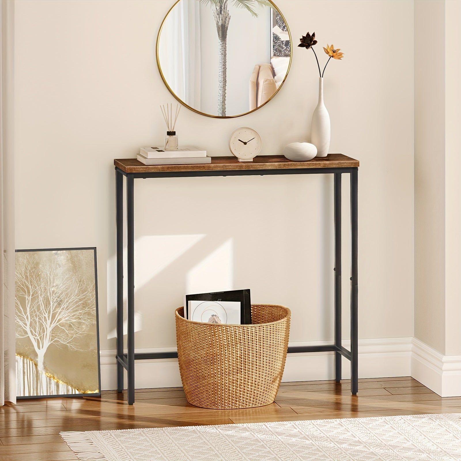 Narrow Console Table, 75 cm Small Entryway Table, Thin Sofa Table, Side Table, Display Table, For Hallway, Bedroom, Living Room, Foyer, Rustic Brown and Black