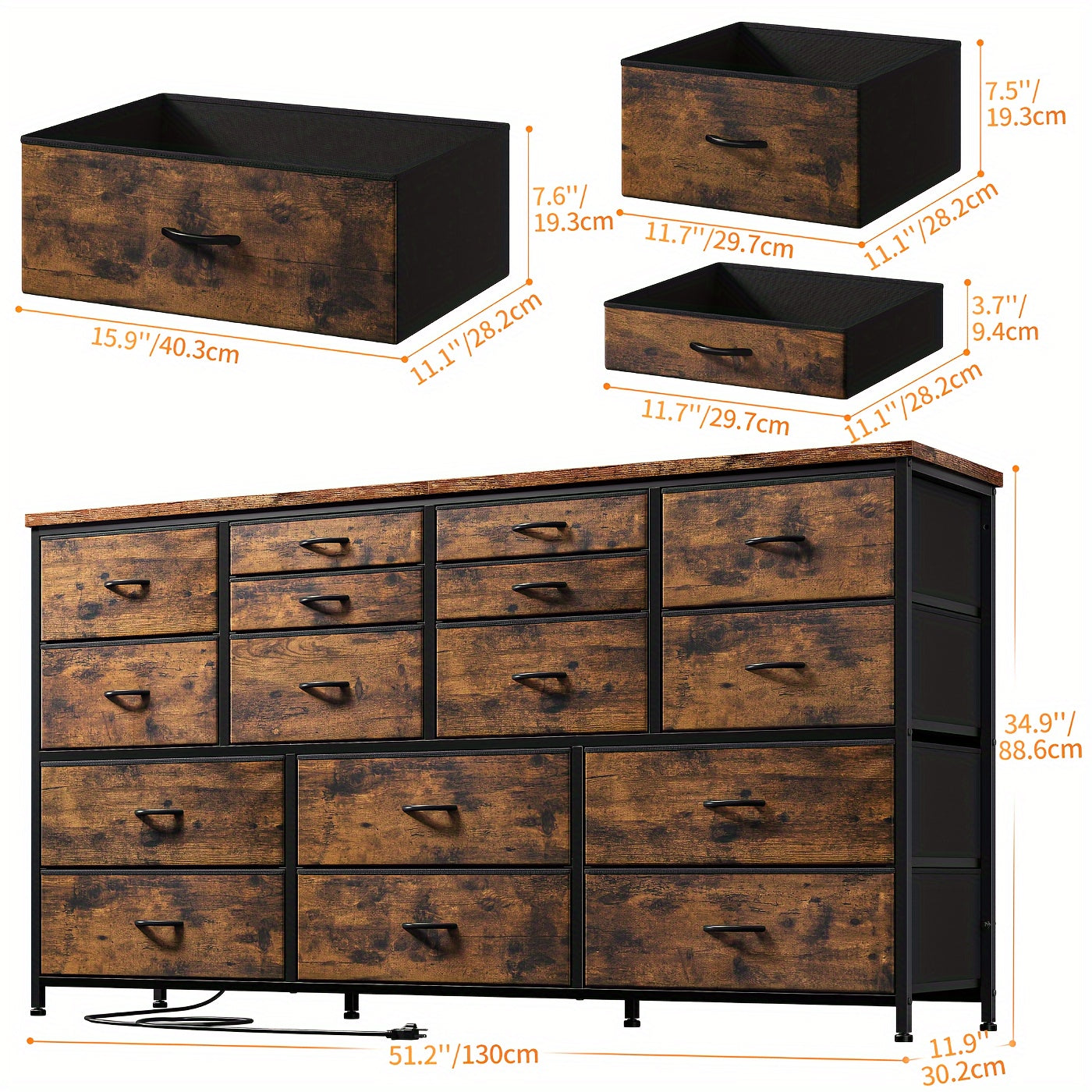 TV Stand Dresser for 152cm TV Stand with Charging Station TV Stands for Living Room Long Dresser for Bedroom TV Stand with 16 Drawers Storage TV Stand for Bedroom Dresser 51.1''W*11.8''D*34.8''H