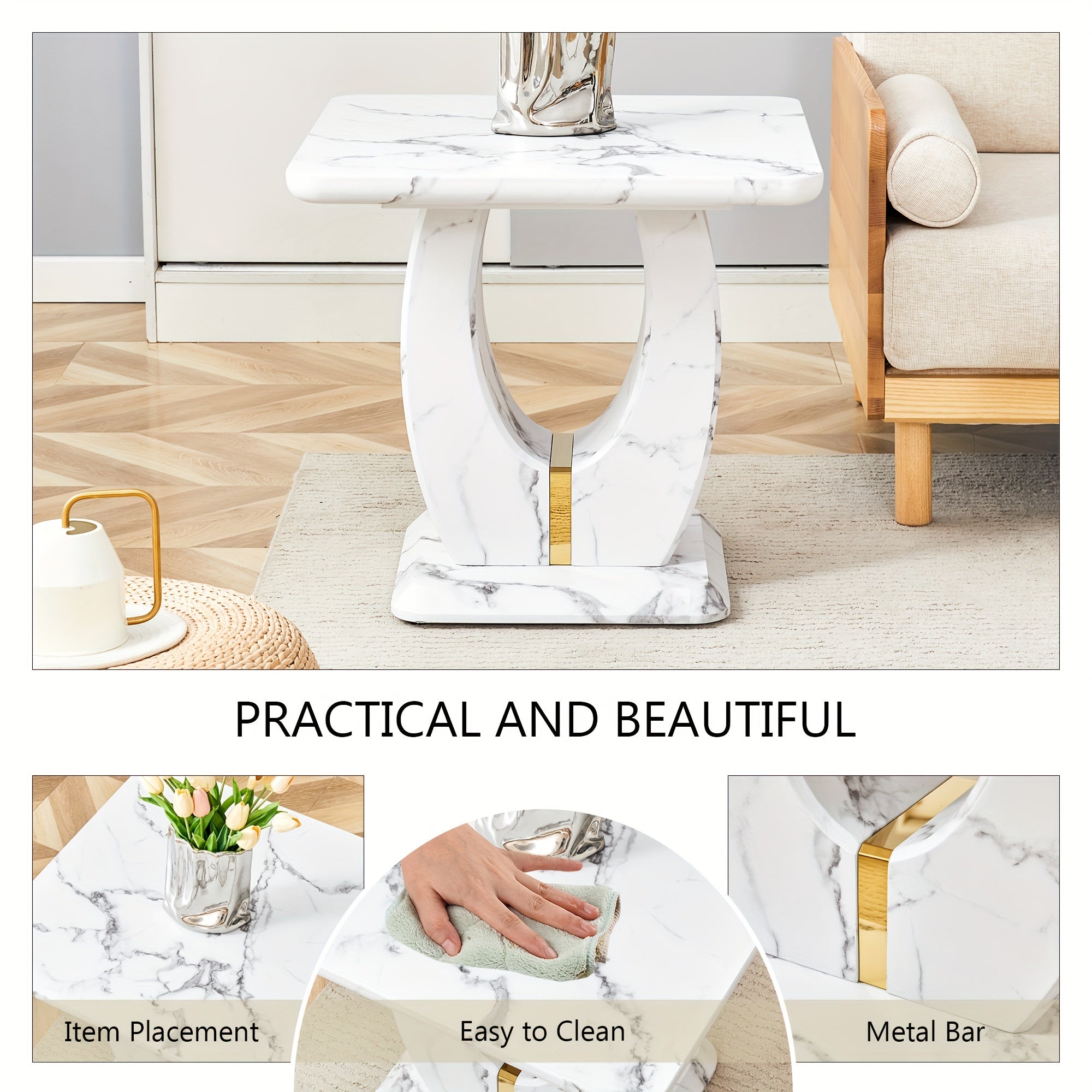 Modern Faux Marble Pattern Side Table with Golden Accents, 23.6" Square Top, Adjustable Foot Pads, And Sturdy Base - Perfect for Living Room Or Office, Easy to Install And Clean, Furniture for Home,, Valentines Decorations fo