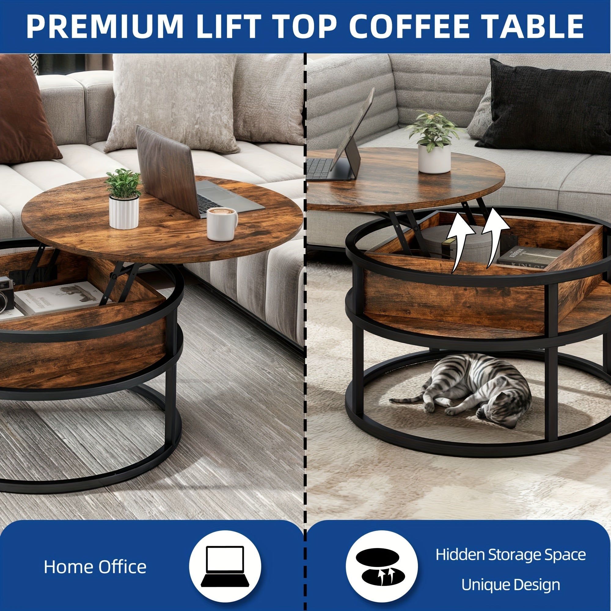 2 Tier Round Lift Top Coffee Table With Hidden Storage Compartment For Living Room Home Office