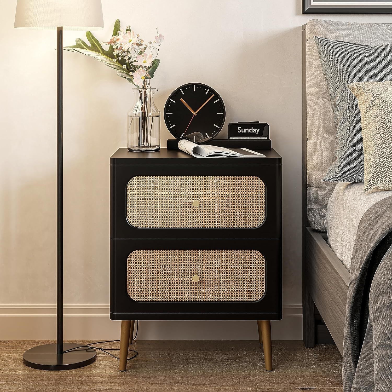 Chic Black 2-Drawer Bedside Table with Wicker Rattan Detailing - Space-Saving, Mid-Century Modern Design with Boho Charm, Smooth Glide Metal Legs & Brass Knobs for Nightstand, End Table in Small Spaces