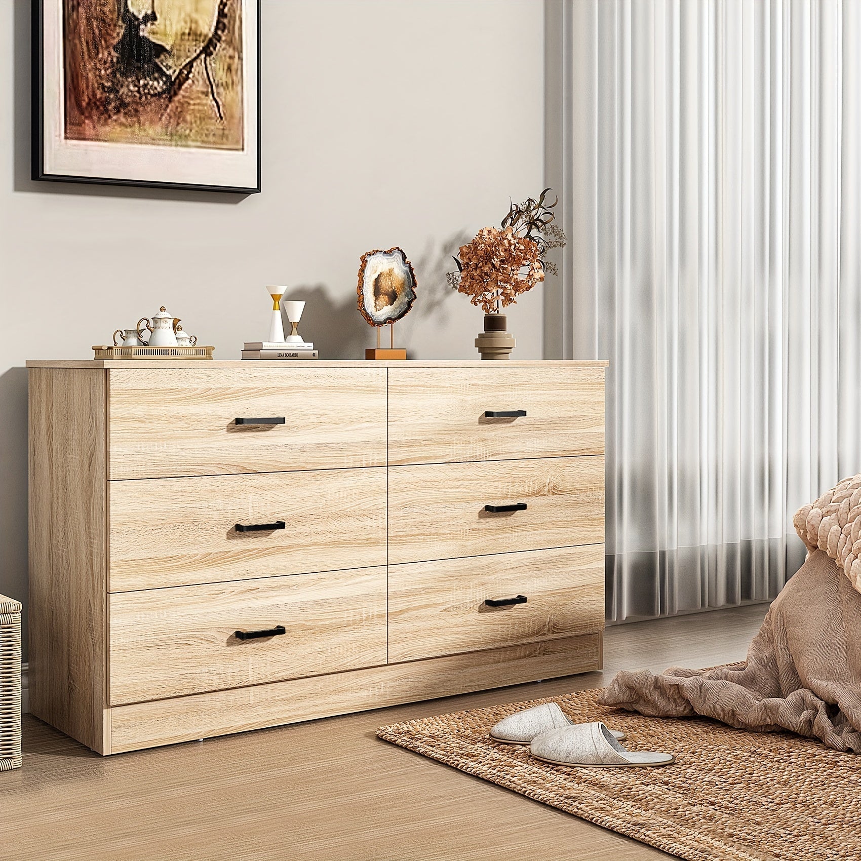 6 Drawer Dresser For Bedroom With Deep Drawers, Large Wood Dressers & Chest Of Drawers Handle Free, Modern Long Dressers For Closet Living Room