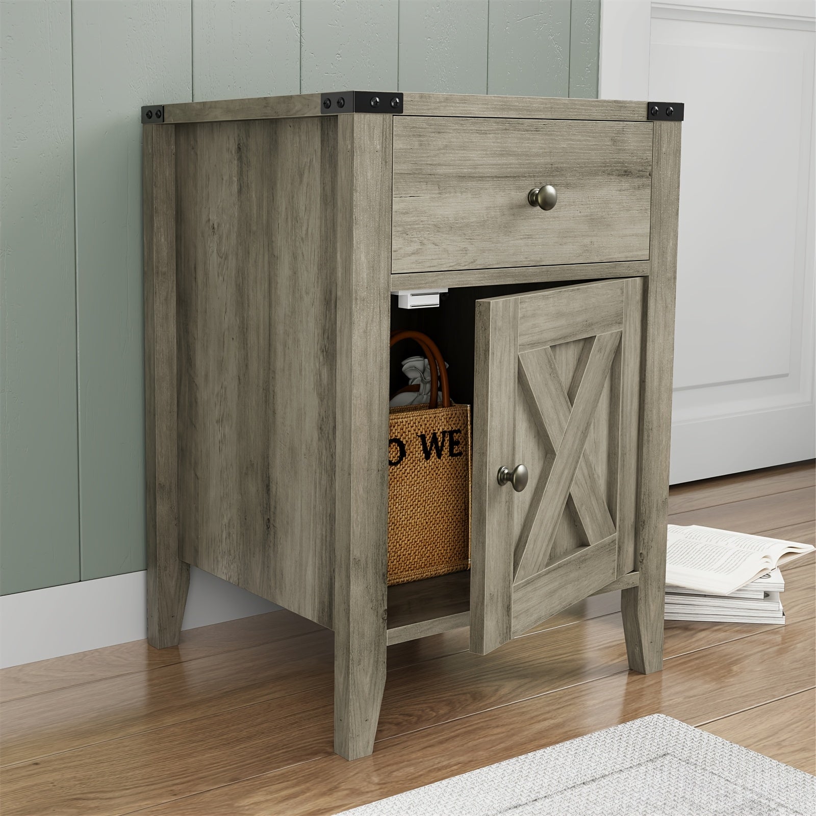 Charming Grey Farmhouse Nightstand with Power Outlets & USB Ports - Sleek Bedside Table with Drawer & Cabinet, Metal Handles, for Cozy Bedroom or Living Room Decor