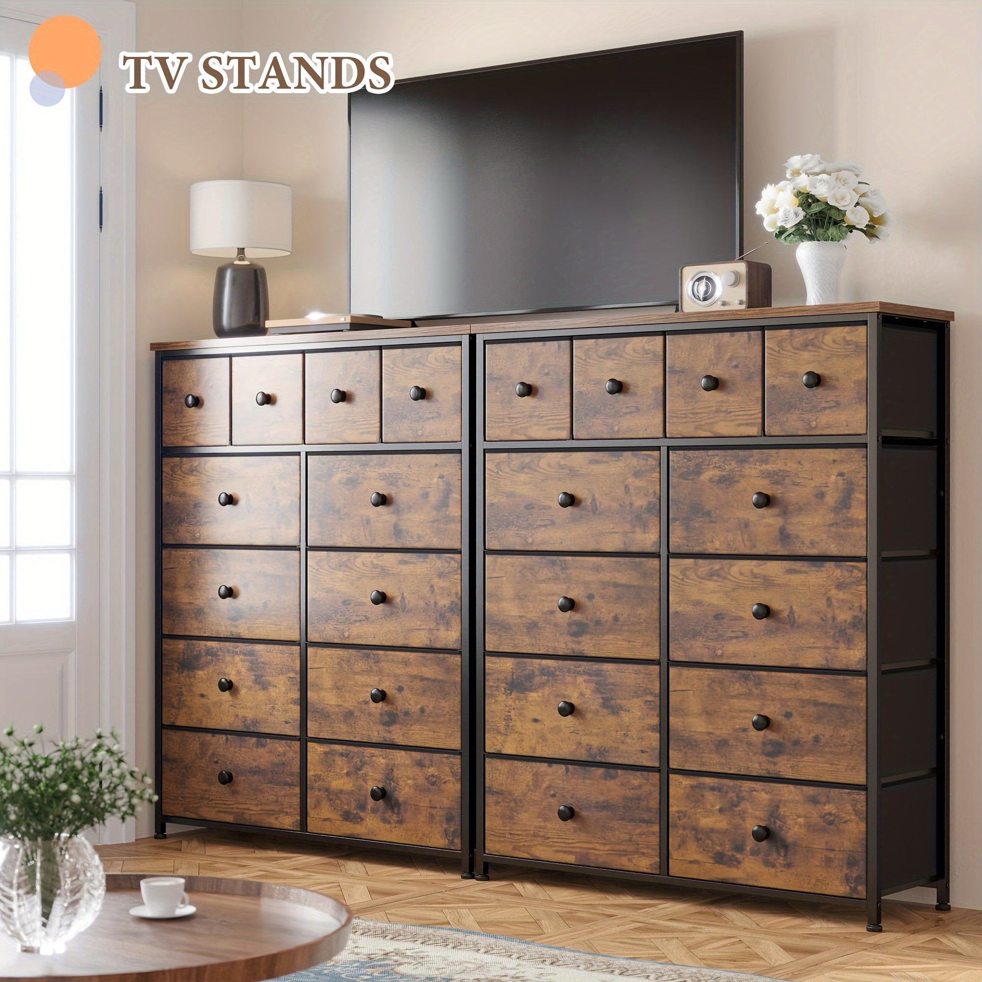 Dresser, 12 Drawer Dresser For Bedroom Fabric Dressers & Chests Of Drawers For Bedroom, Living Room, Wood Top Metal Frame, Rustic Brown