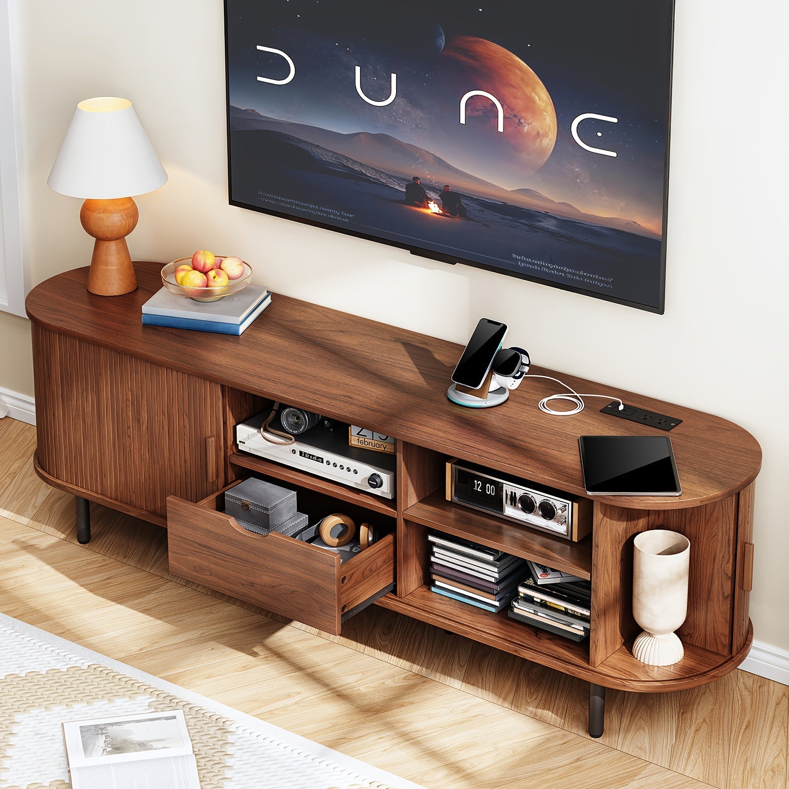 Festive 175cm Walnut TV Stand with Power Outlets - Fits TVs Up to 80", Modern Media Entertainment Center with Storage, Drawers, Adjustable Shelves & Sliding Doors - Ideal for Holiday Living Room Decor, TV Console Table