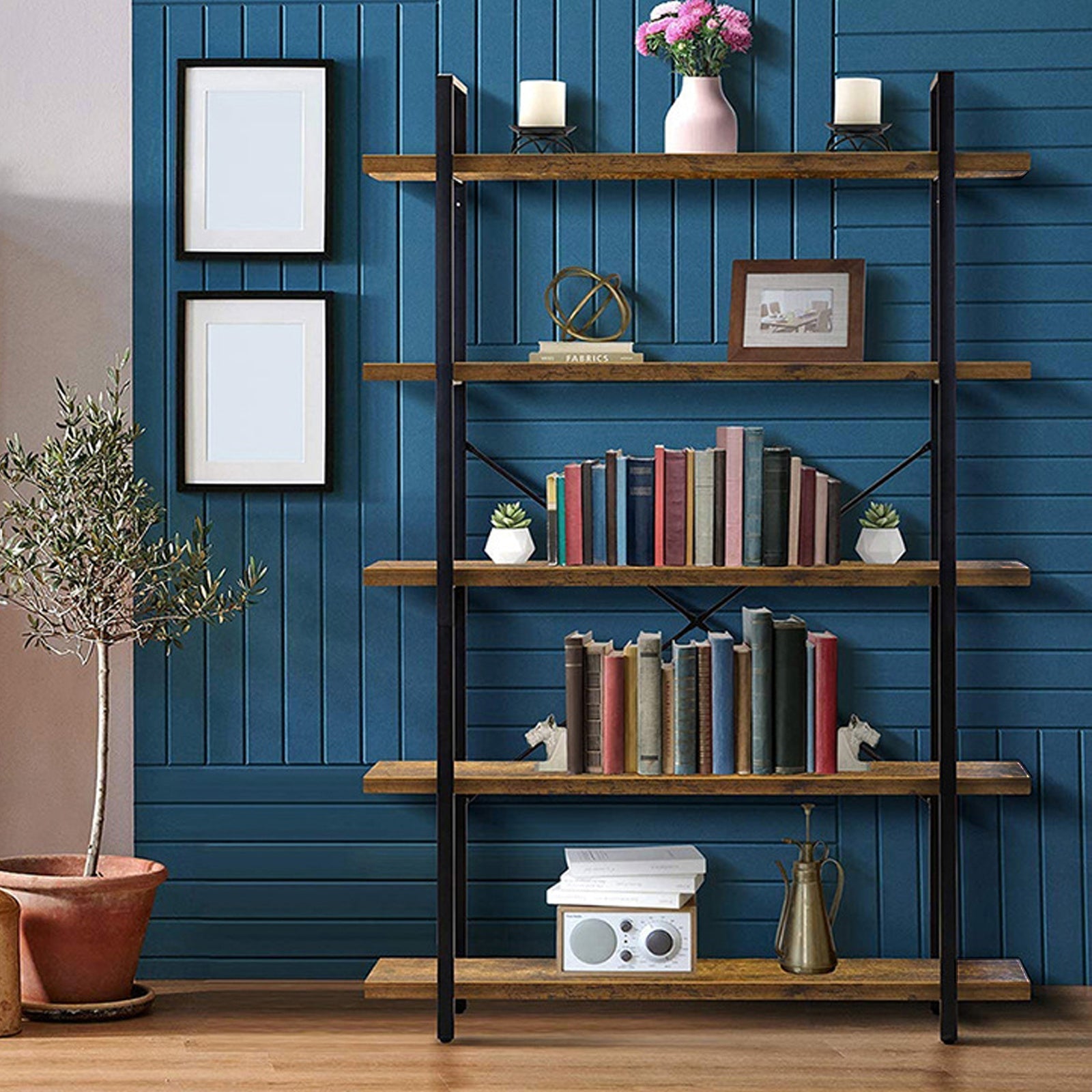 5 Tier Bookshelf, 2 Mounting Approaches, Industrial Etagere Bookcase with Metal Frame, Rustic Tall Book Shelf Unit for Living Room, Study, Home Office (1, Rustic)