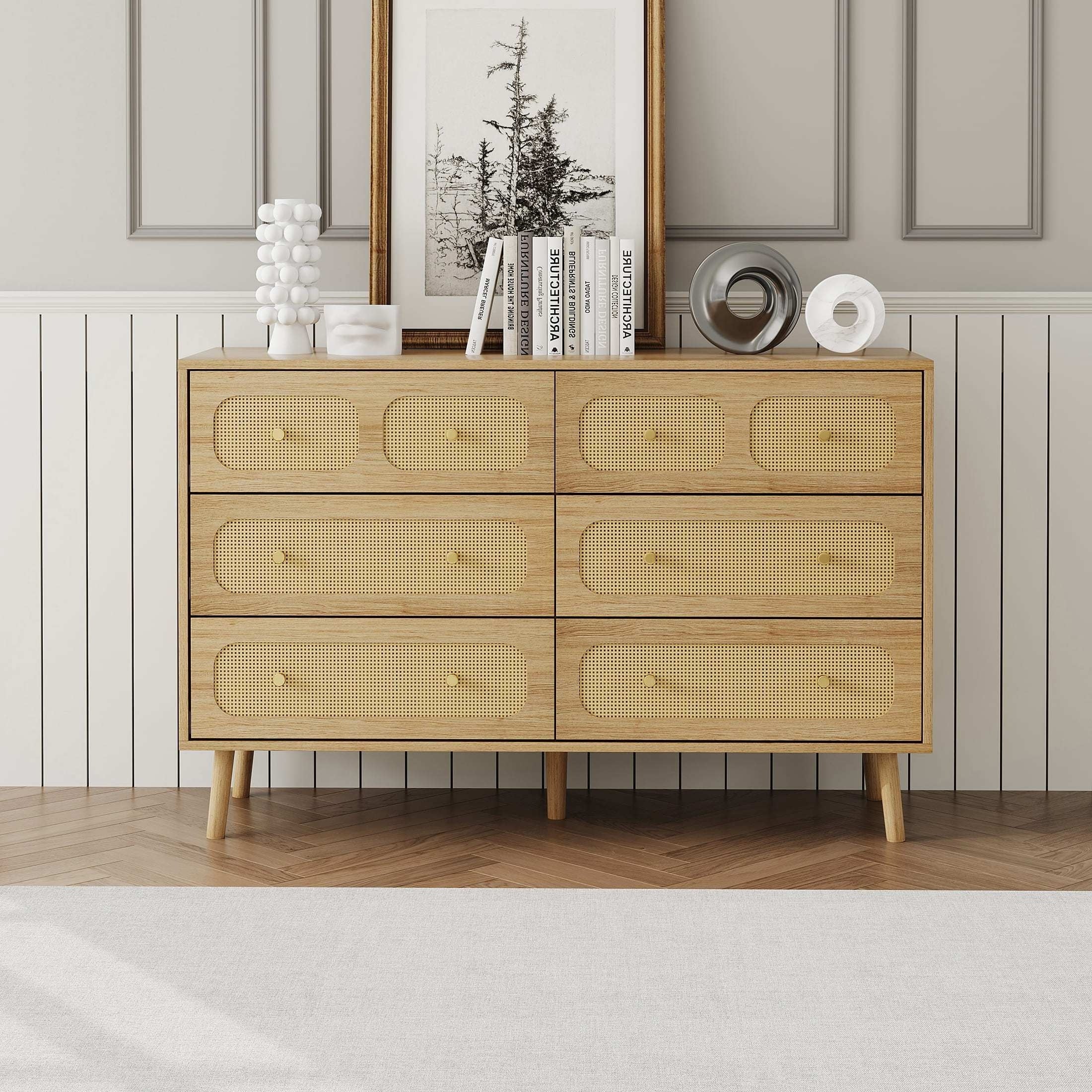 Rattan Dresser For Bedroom, 6 Drawer Double Dresser With Golden Handles, Boho Chest Of Drawers With Deep Drawers For Living Room, Bedroom, Hallway.