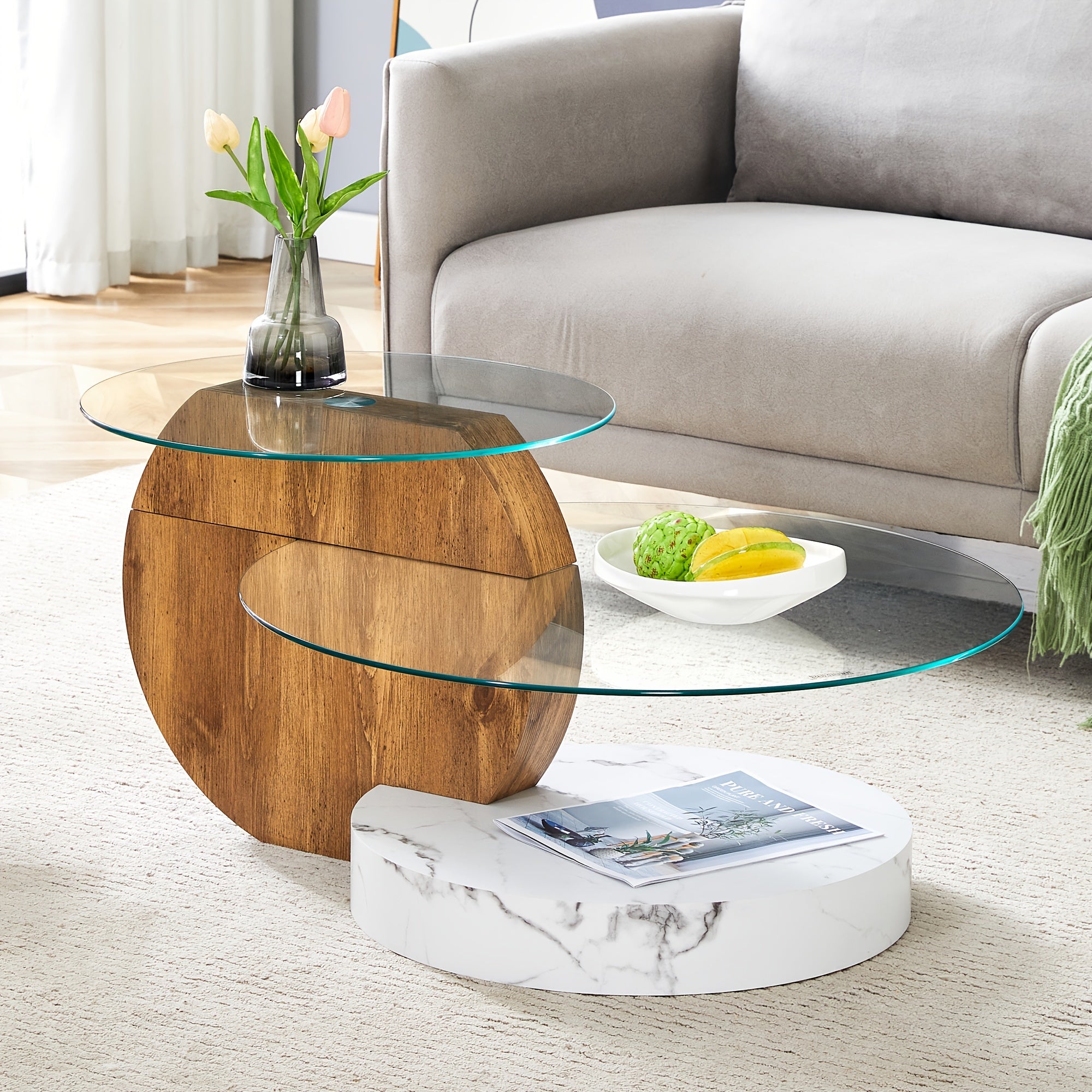 Modern And Practical Double-deck Round Table. Glass Countertop, Wood Color MDF Table Legs. Suitable For Living Room And Bedroom