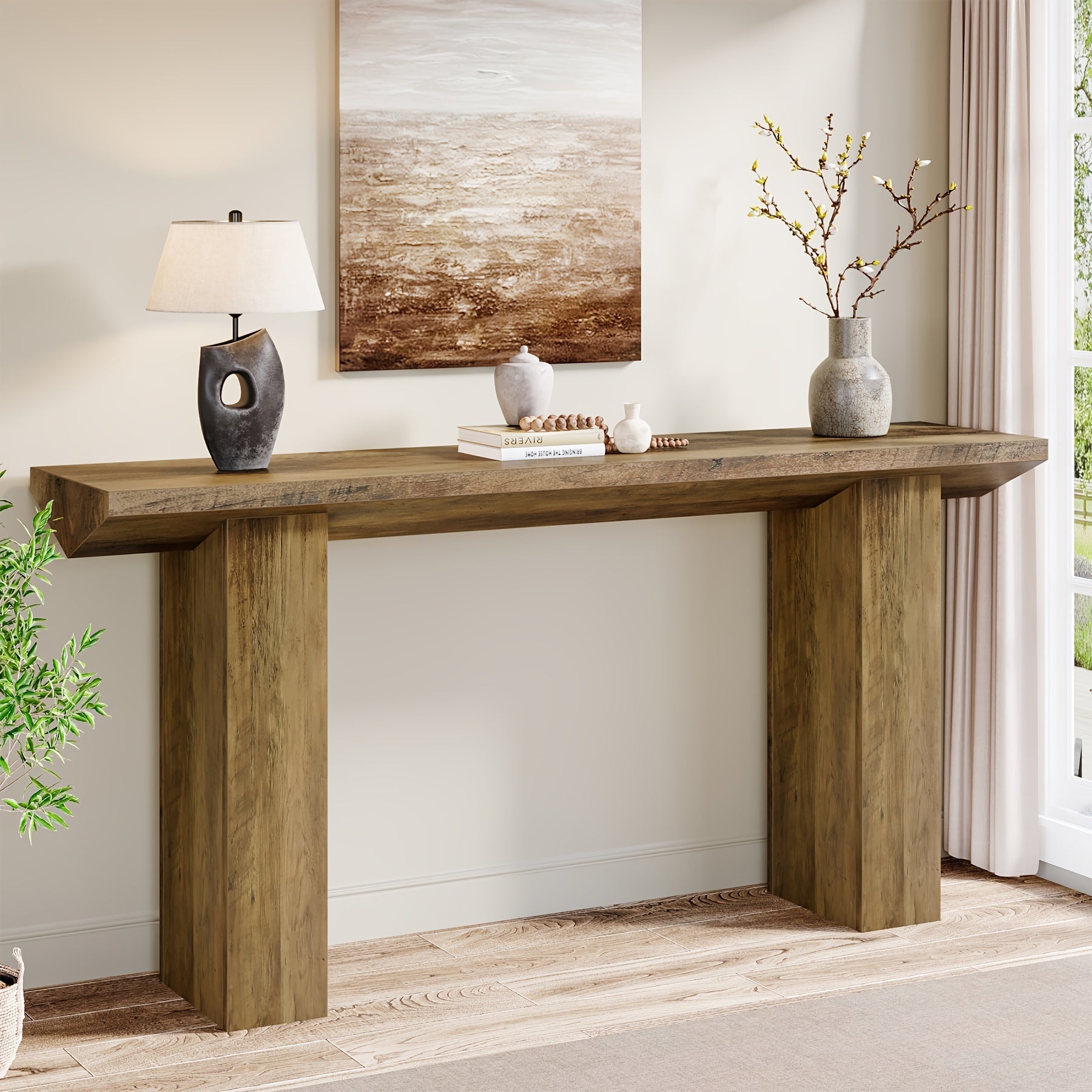 Chic Farmhouse Console Table - 160 cm Long, Stain-Resistant MDF Wooden Desk with Unique Inverted Triangle Design for Office, Entryway, or Living Room Decor