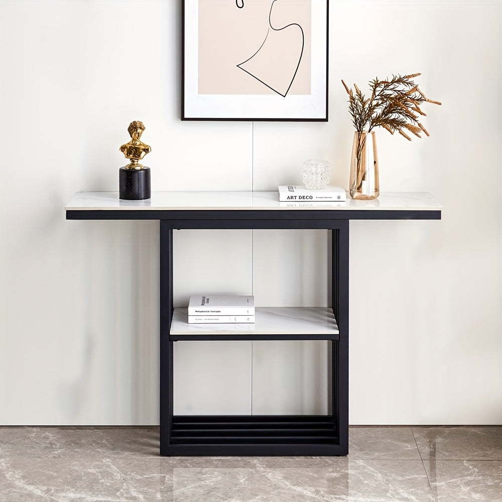 120 cm Modern Console Table with Storage Space, Sintered Stone Entryway Table, Accent Table Sofa Table with Metal Base, Narrow Table Foyer Table for Entrance, Living Room, Hallway