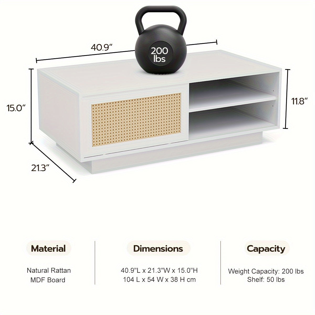 Rattan Coffee Table, Mid Century Modern Center Rectangular Coffee Table With Natural Rattan Sliding Door & Adjustable Shelves, Farmhouse Coffee Table For Living Room - White/Wood