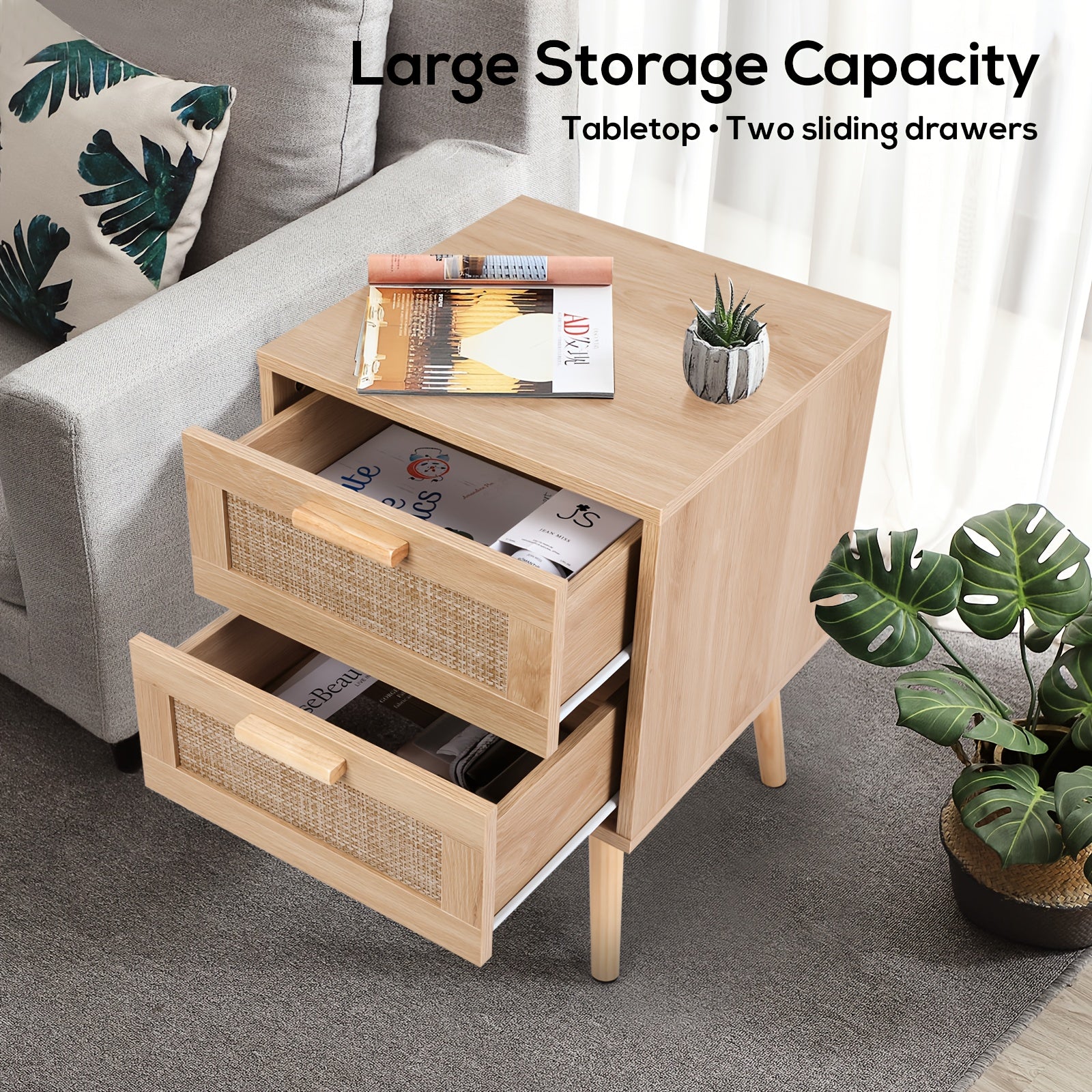 2pcs Rattan Nightstand Set, Wooden End Table With 2 Drawers, Solid Wood Legs, Bedroom Side Table With Handmade Rattan Accents, Smooth Slide, Easy Assembly For Home Decor