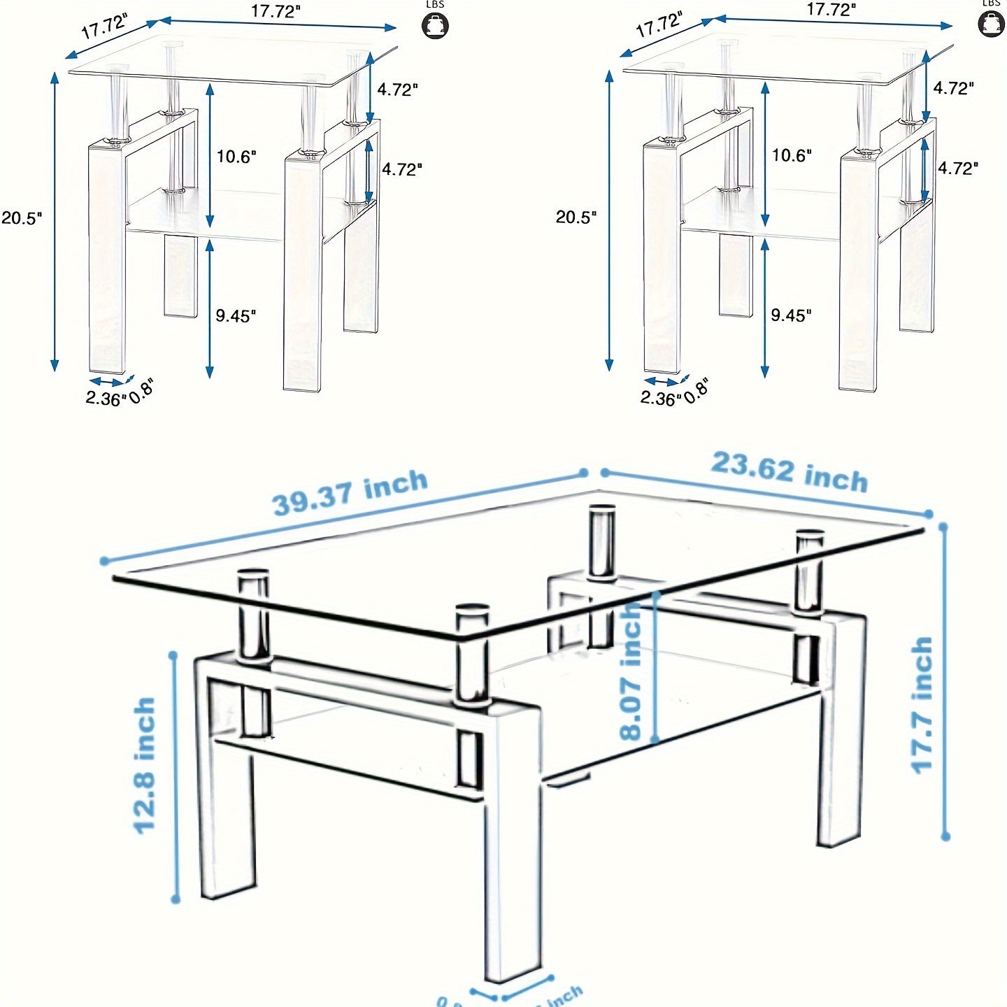 Glass Coffee Table Set Of 3, 3pcs Living Room Tables With Tempered Glass And Metal Frame, Coffee And End Table Sets