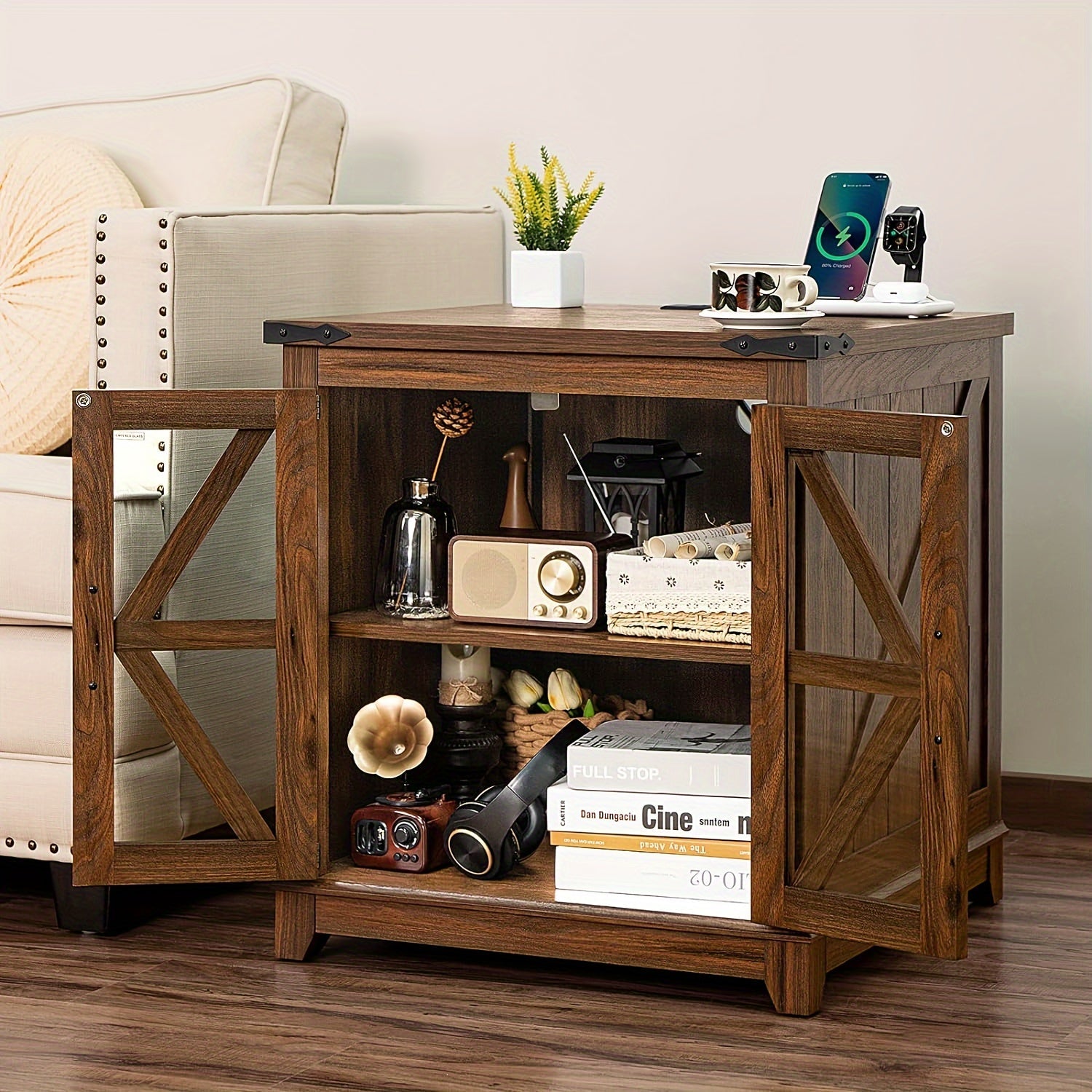 Farmhouse End Table With Charging Station, 46cm Large Sofa Side Table With Glass Barn Door, Brown Nightstand With Adjustable Storage Shelf, Wood Square Bedside Table For Living Room, Bedroom