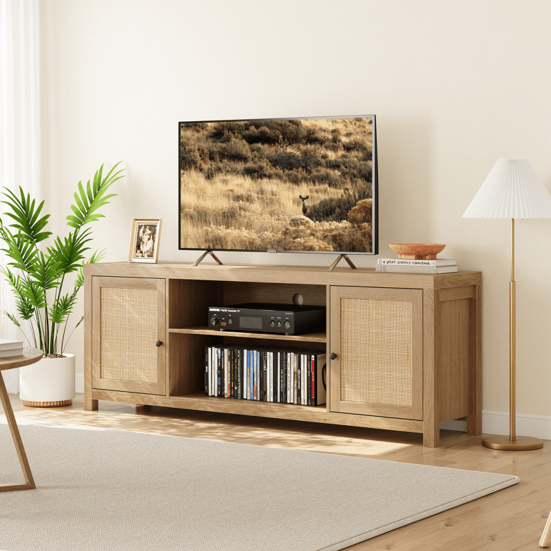 Rattan TV Stand for 65 Inch, Boho Entertainment Center with Storage and Doors, Wood TV & Media Console Under TV Cabinet Furniture for Living Room, Natural Wood