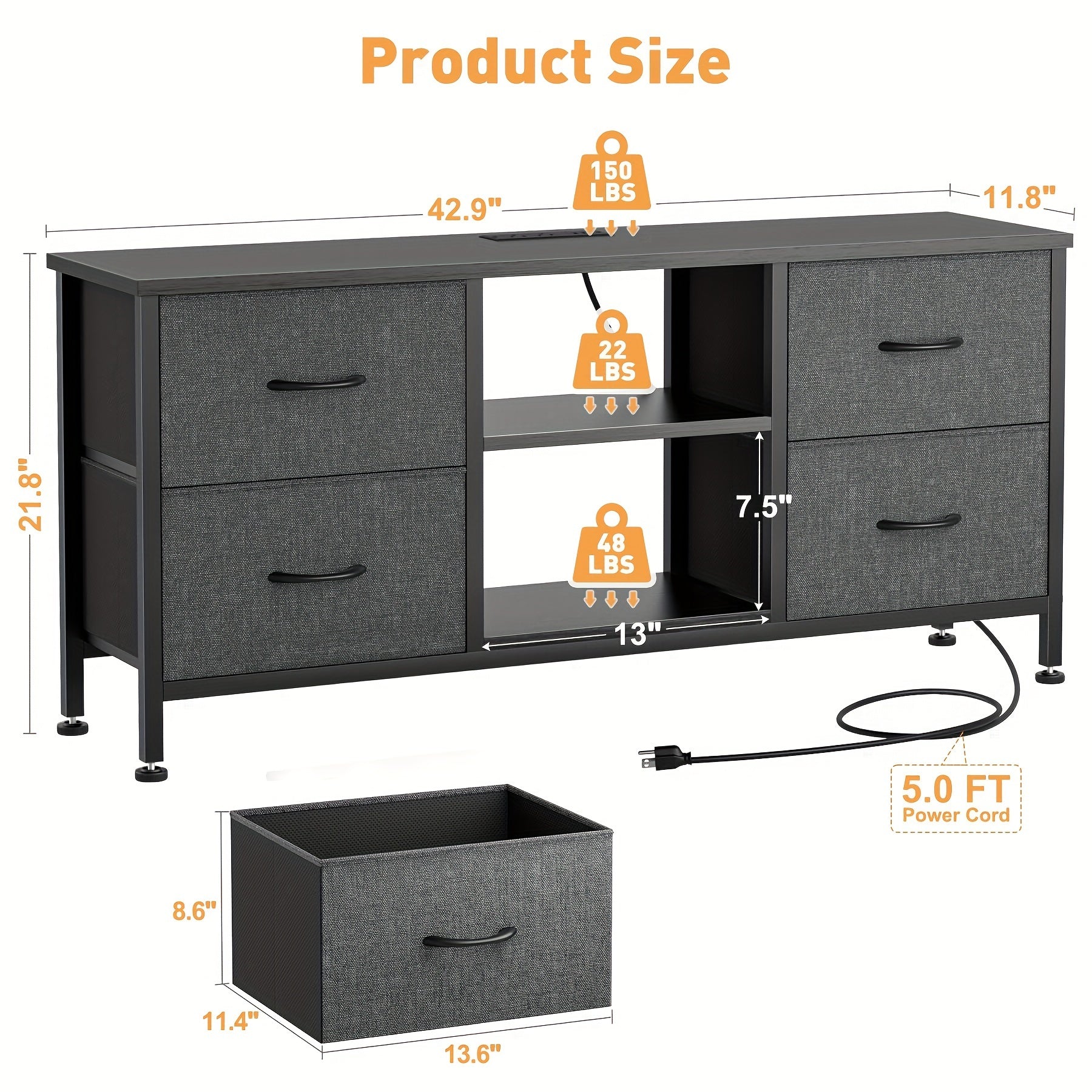 Dresser TV Stand With Power Outlet For 127cm TV, Long Dresser For Bedroom With 4 Fabric Drawers, Wide Console Table For Storage In Closet Living Room Entryway, Wood Top