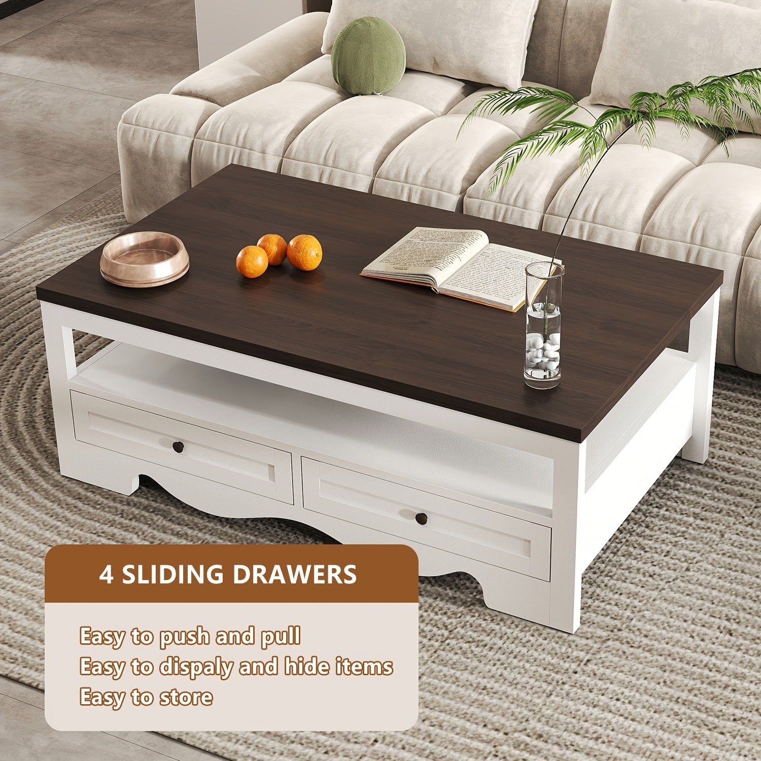 White Barn Door Coffee Table, Rustic Storage Table With Drawers, Living Room Coffee Table With Spacious Storage, White