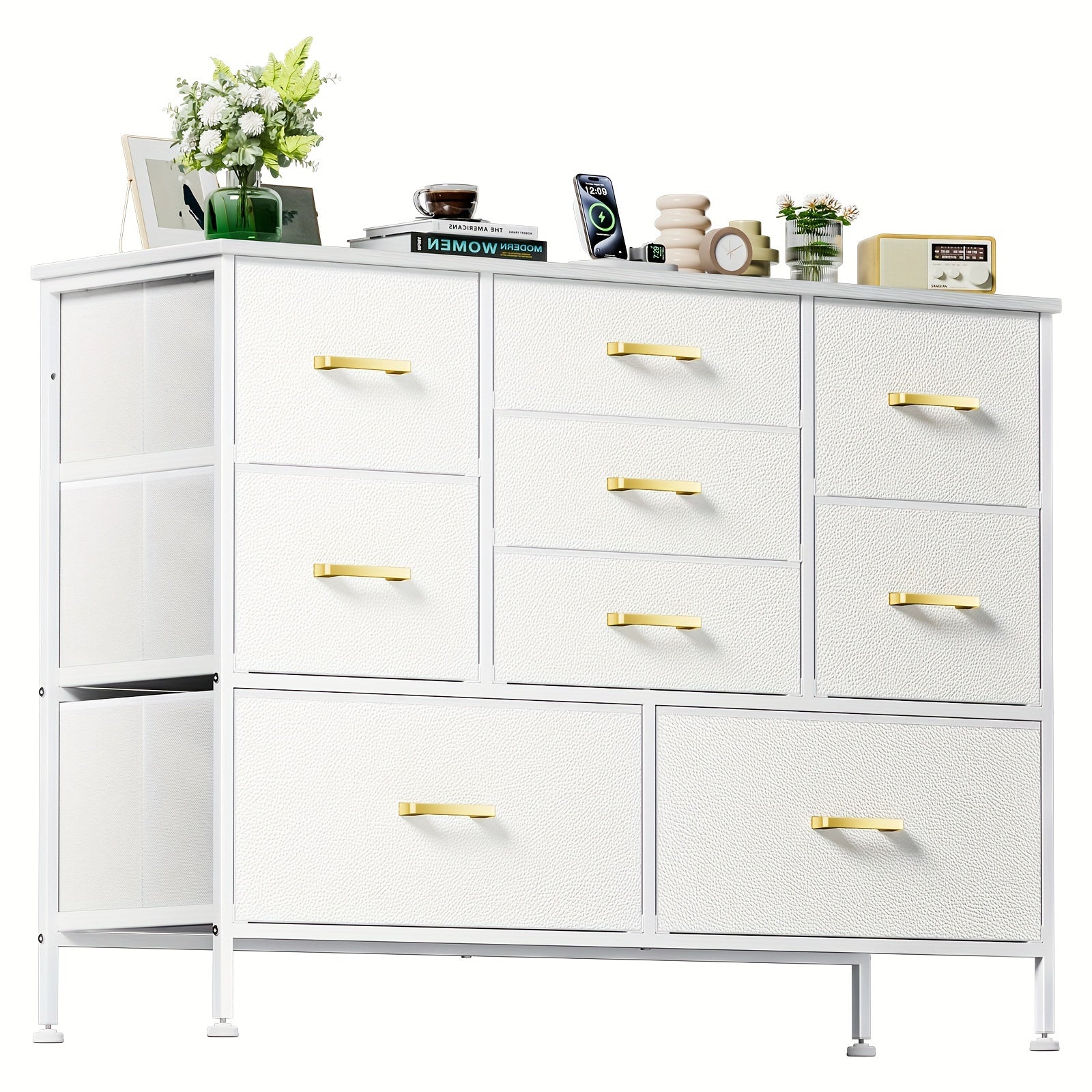 5/8/9 Drawers Dresser For Bedroom, White Dresser With Fabric Drawers, Chest Of Drawers With PU Finish, Metal Handle, Storage Organizer Unit For Closet, Living Room, Tv Stand Up To 43'', White