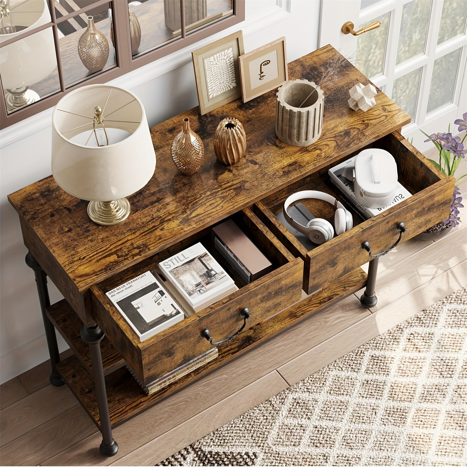 Console Table with Drawers, Narrow Entryway Sofa Table with Storage, 100 cm Behind Couch Table, Industrial Hallway Table Home Furniture for Living Room, Foyer, Bedroom, Rustic Brown