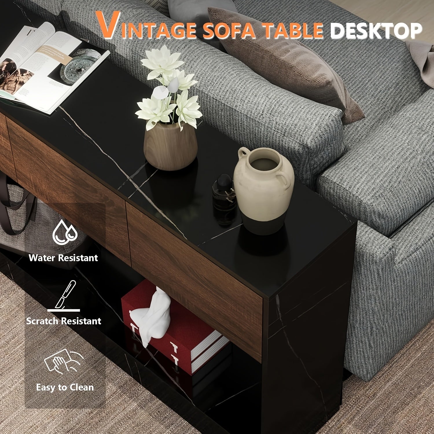 130 cm Long Console Table with 3 Drawers - Entryway Table with Storage, Sofa Table with Open Shelf for Living Room, Foyer, Hallway, Entry - Black and Office Marble Black and Brown