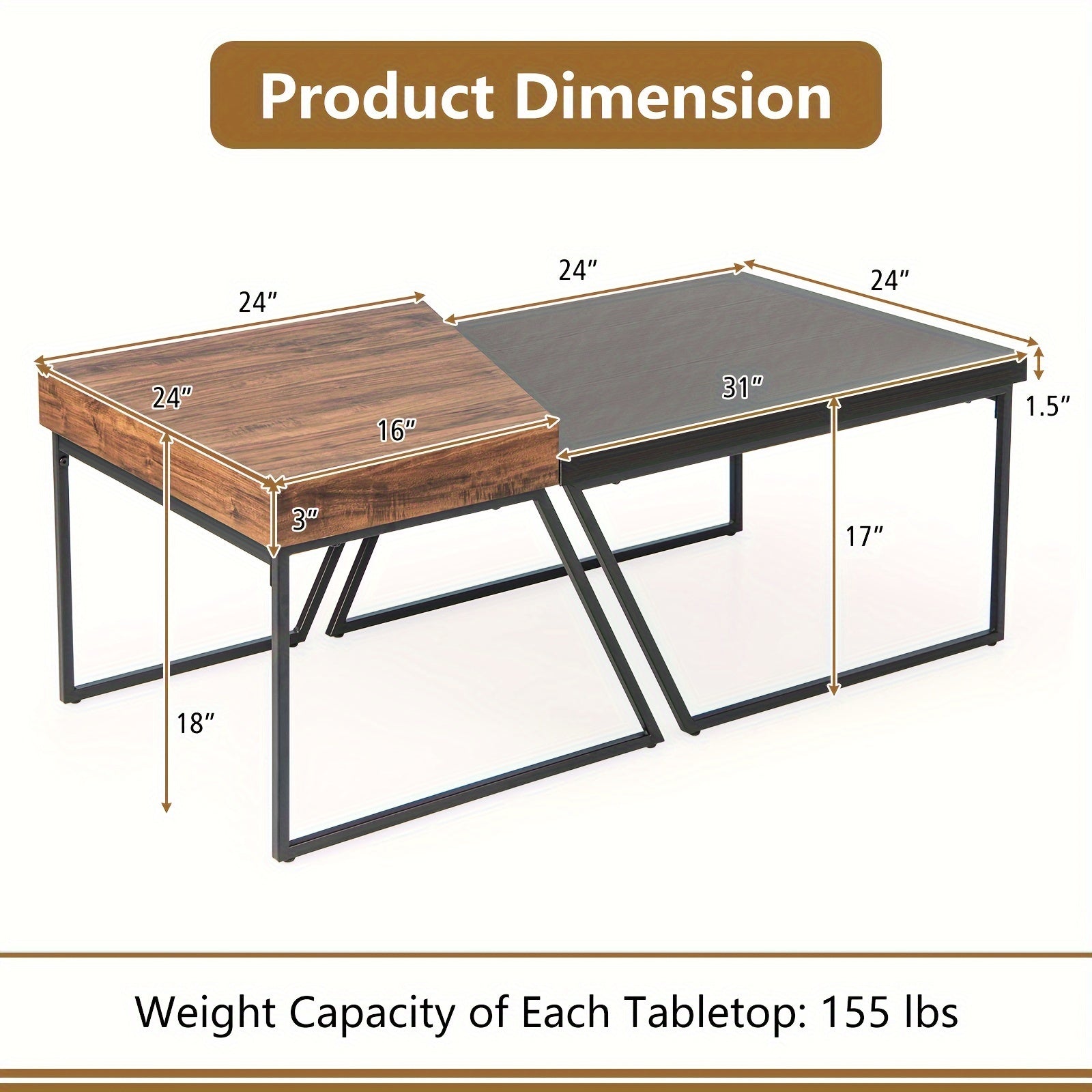 2pcs Nesting Coffee Table Set, Modern Wooden Stacking Side Tables, Space Saving Furniture For Living Room, Home Decor