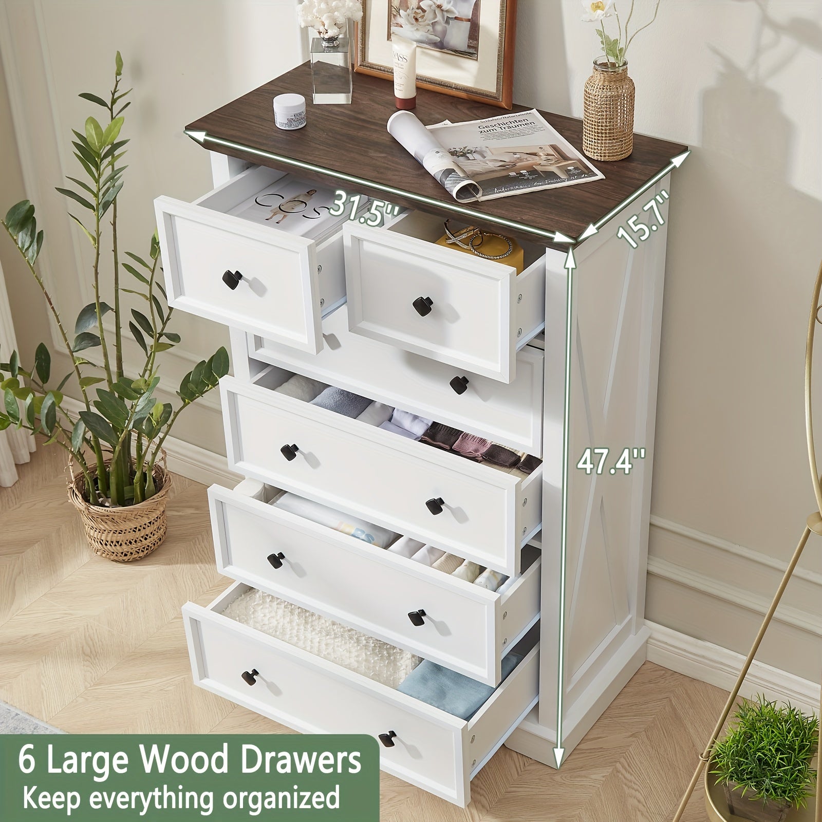 1pc Farmhouse Style 6-Drawer Dresser, 122cm Tall Hardwood & Artificial Board Chest, White Storage Cabinet for Bedroom, Living Room, Entryway - Independent, No Electricity Needed