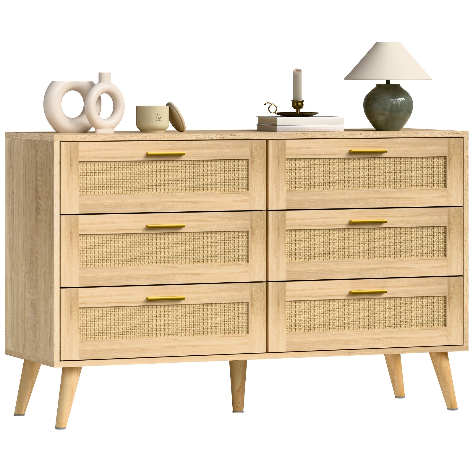 1pc Contemporary Rattan Dresser with 3/6 Drawers - Freestanding Wood Boho Chest of Drawers with Ample Storage, Golden Handles, for Bedroom, Living Room, Hallway