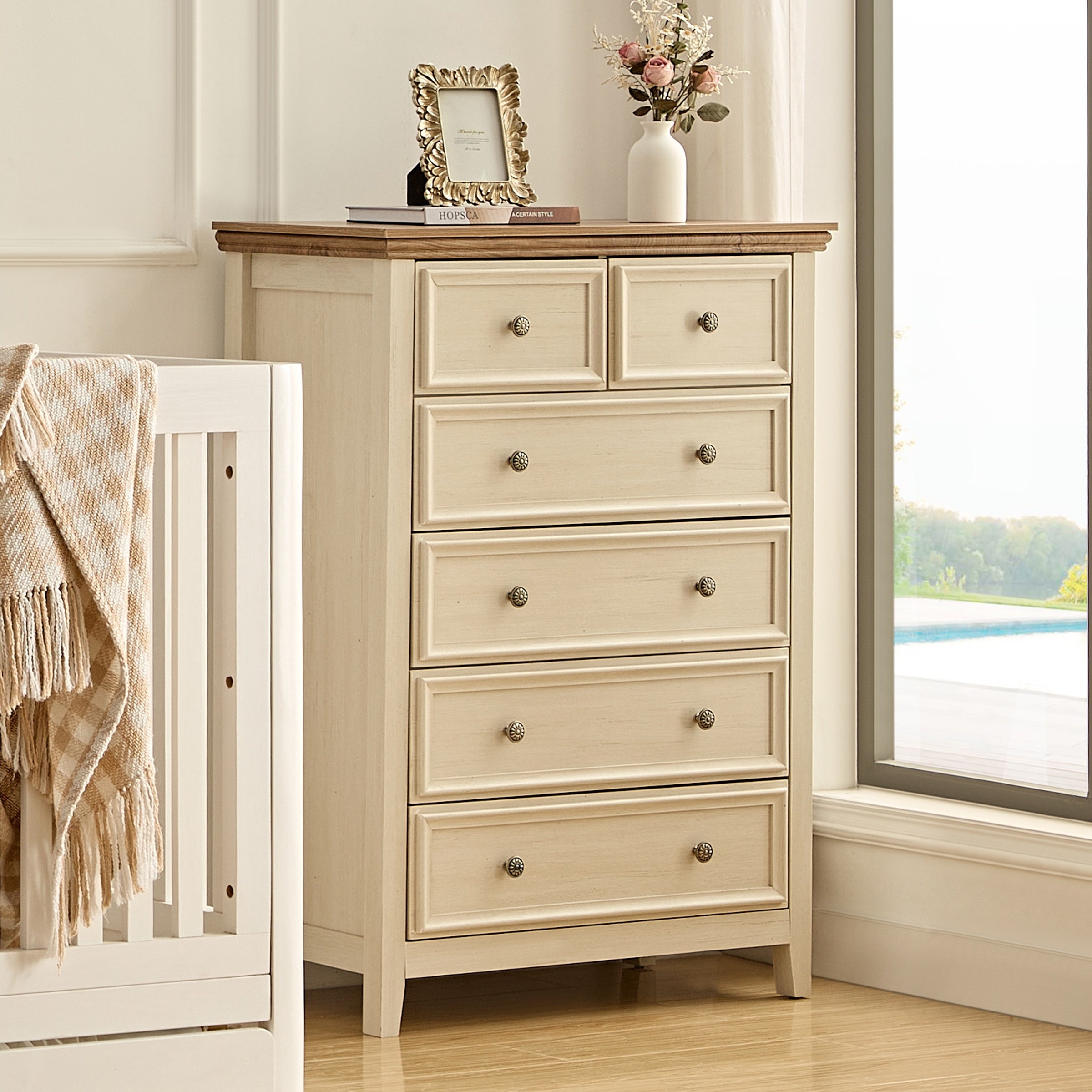 Dresser For Bedroom With 6 Drawers, 5 Drawer Tall Chest Of Drawers For Bedroom Beige Wood, Modern Storage Cabinet With 7 Drawers For Home Office, Dressing Room, Entryway