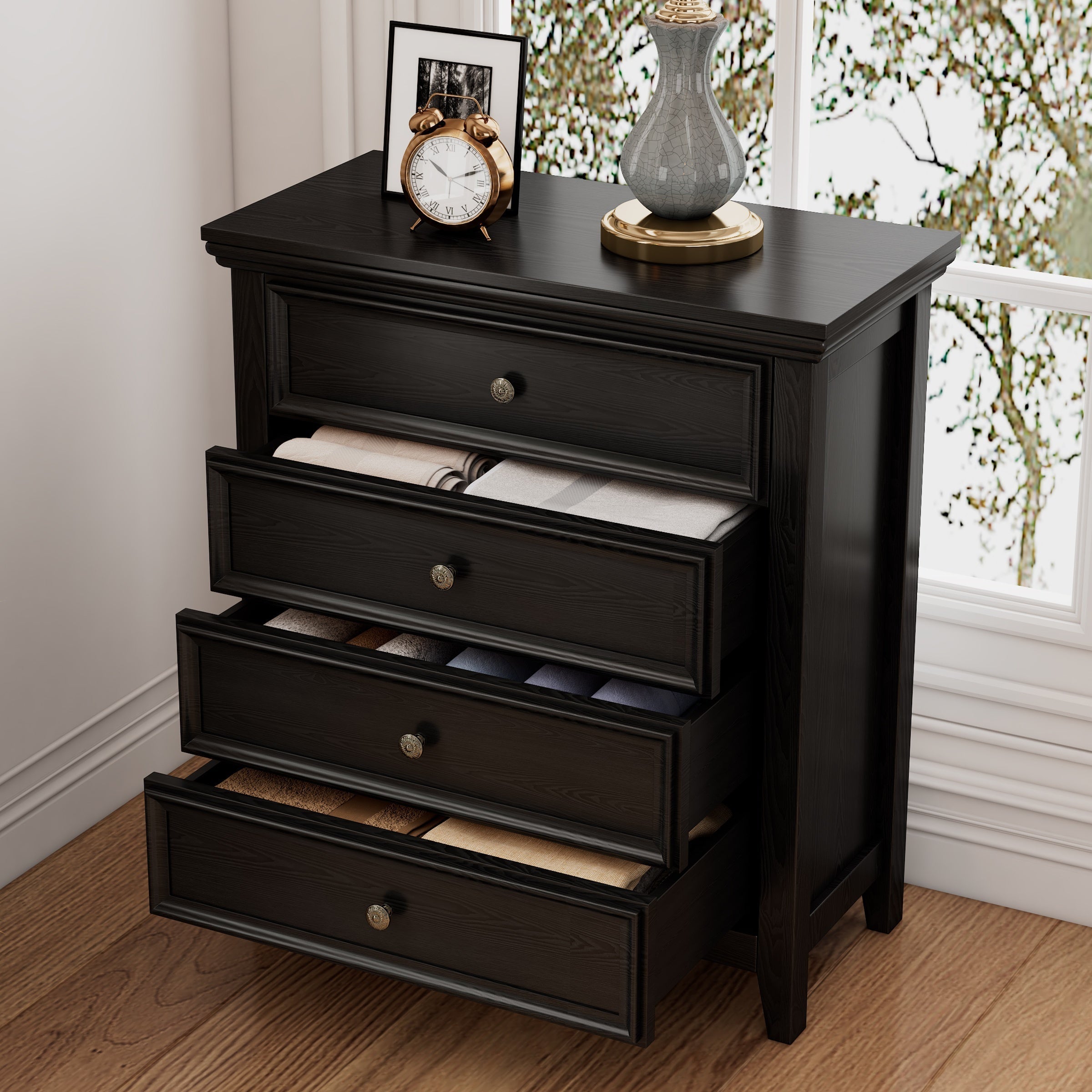 Black Dresser for Bedroom, 4 Chest of Drawers, Modern Drawer Dresser, Wooden White Black Dresser for living room, hallway