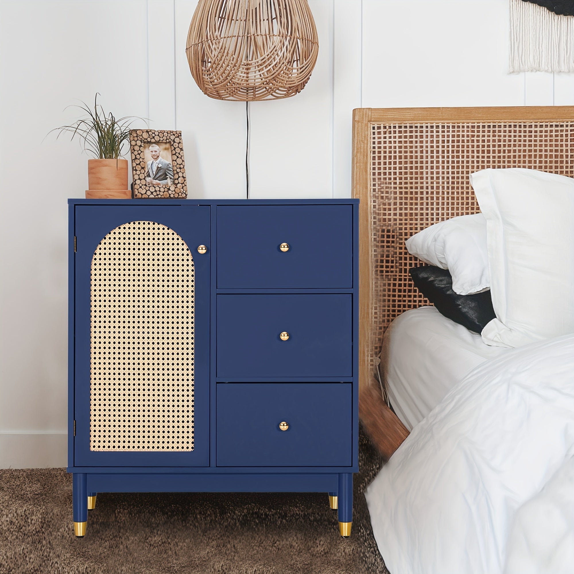 Blue Boho Farmhouse Side Table - Nature's Lodge Rattan Cabinet with Doors, Solid Wood Frame & Legs, Golden Metal Knob for Bedroom, Living Room, Hallway, End Table, Mother Nature's Lodge, Modern Style