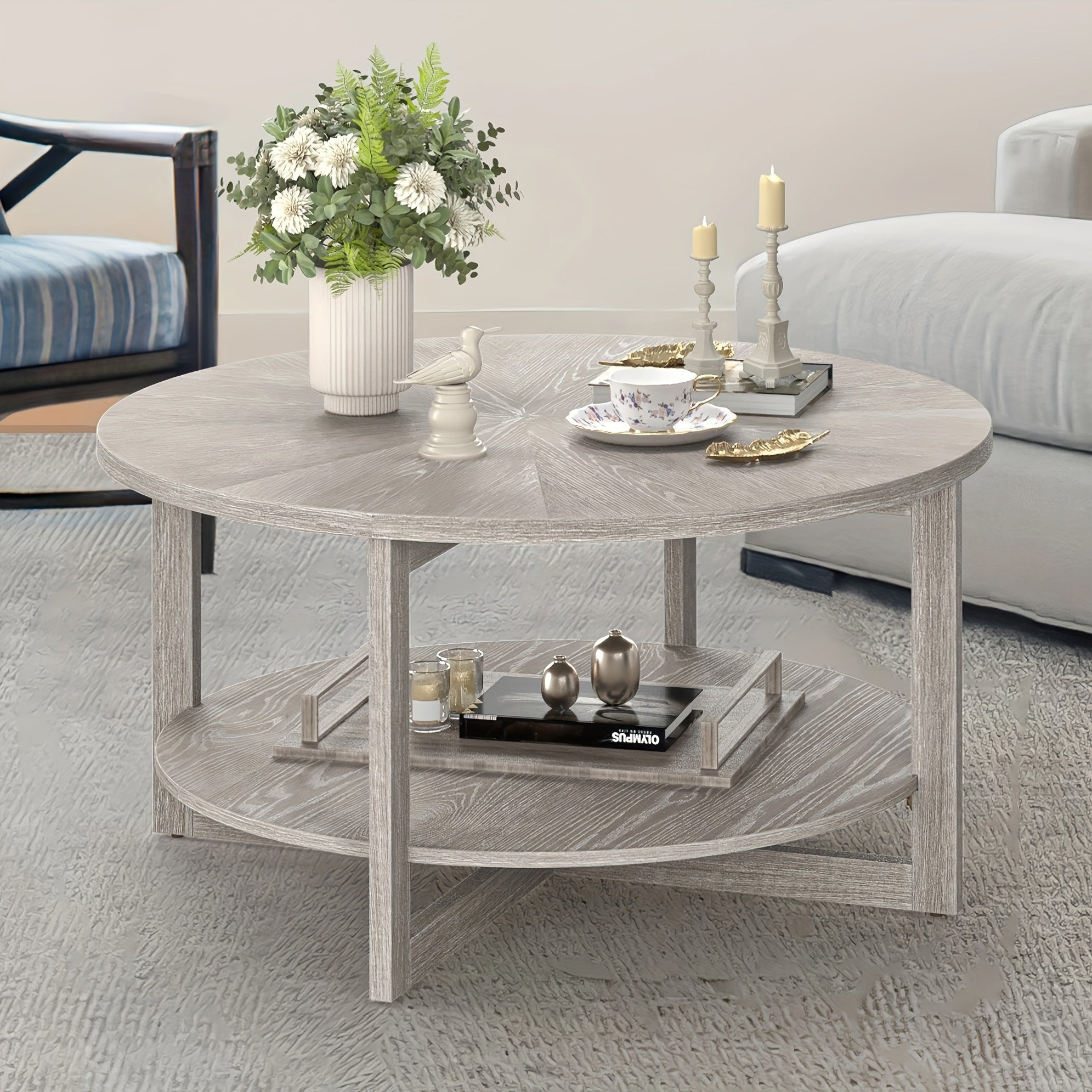 Round Coffee Table, Cocktail Table For Living Room, 35" Rustic Modern Circle Coffee Tables With 2-Tier Storage Shelf, Sofa Table,